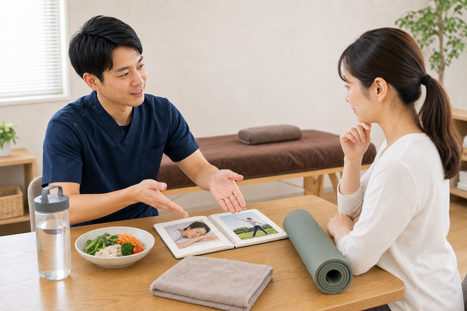 整体院で食事や運動など健康習慣について相談する日本人女性のイメージ