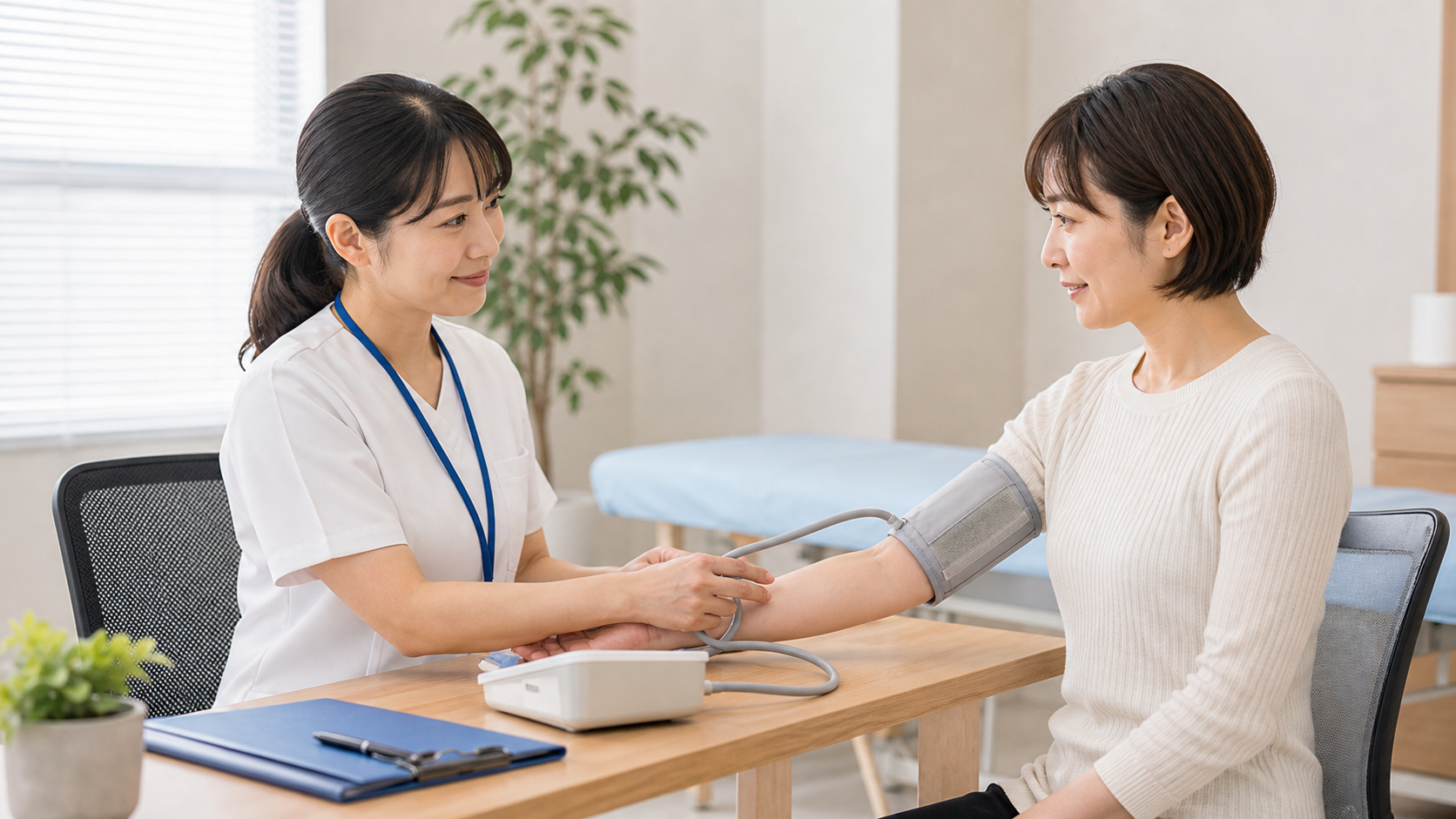 医療者に血圧を測ってもらう日本人女性のイメージ