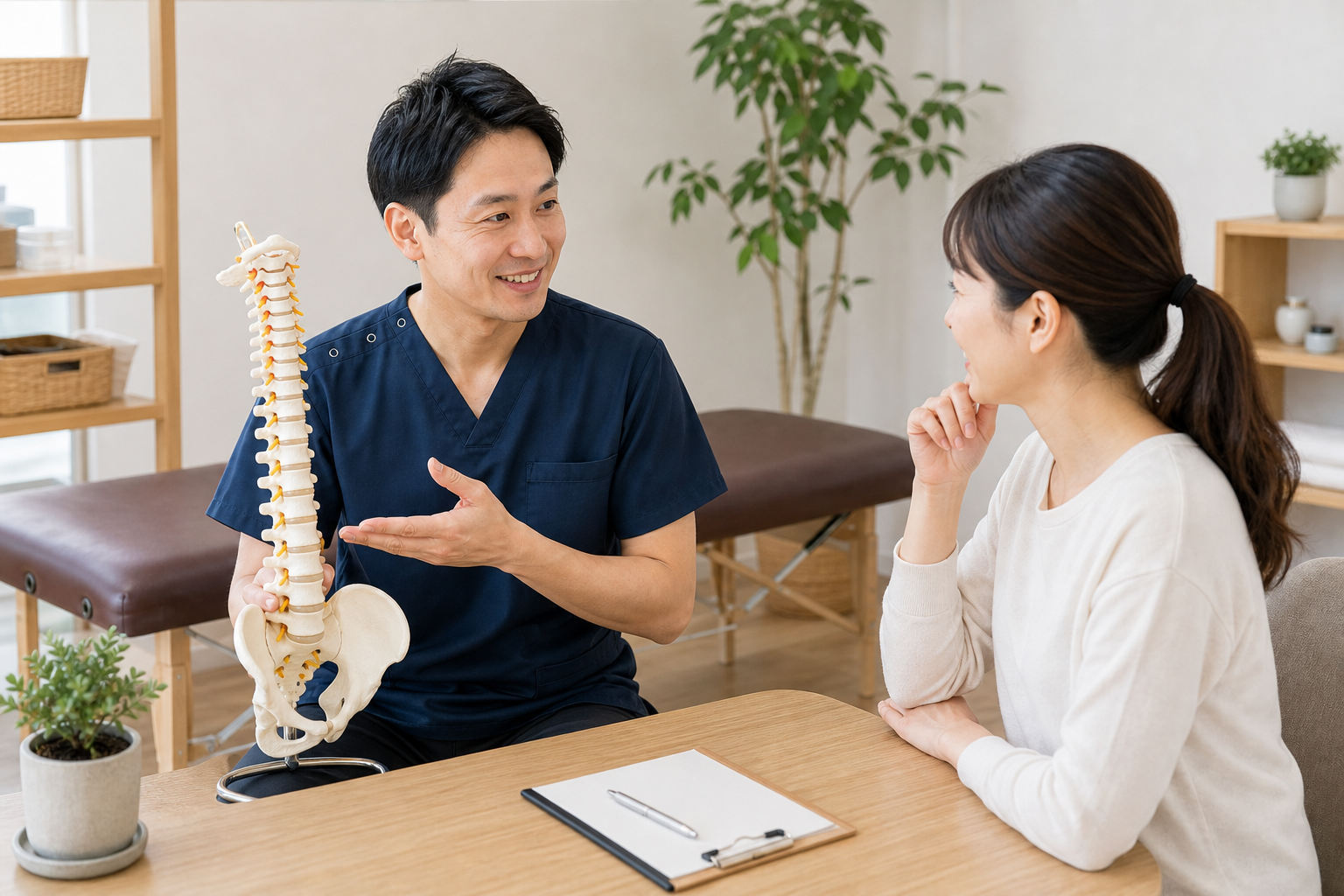 整体院で睡眠の質と姿勢について相談する日本人女性のイメージ