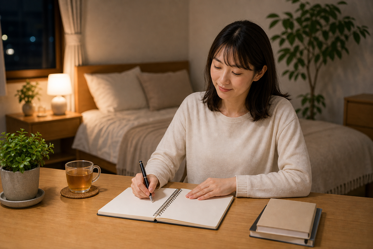 睡眠日誌をつけながら不眠改善に取り組む日本人女性のイメージ