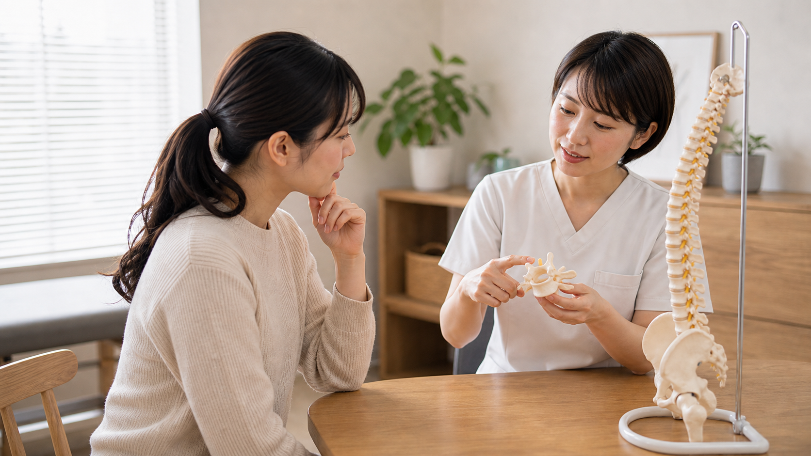 脊柱模型と椎骨模型を使って不規則骨を説明する日本人施術者のイメージ