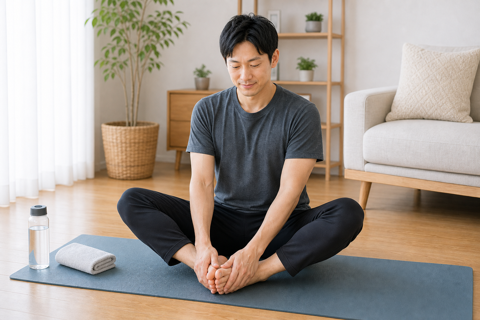 股関節まわりをほぐす合蹠ストレッチを行う日本人男性のイメージ