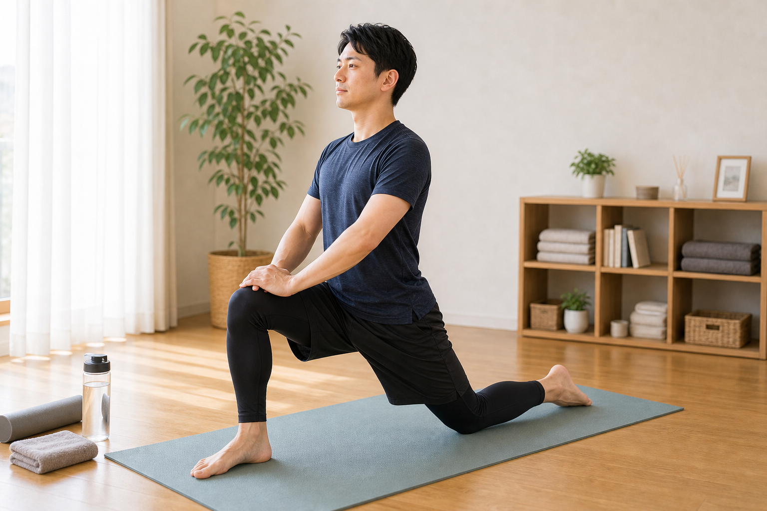 股関節周りを伸ばす日本人男性のイメージ