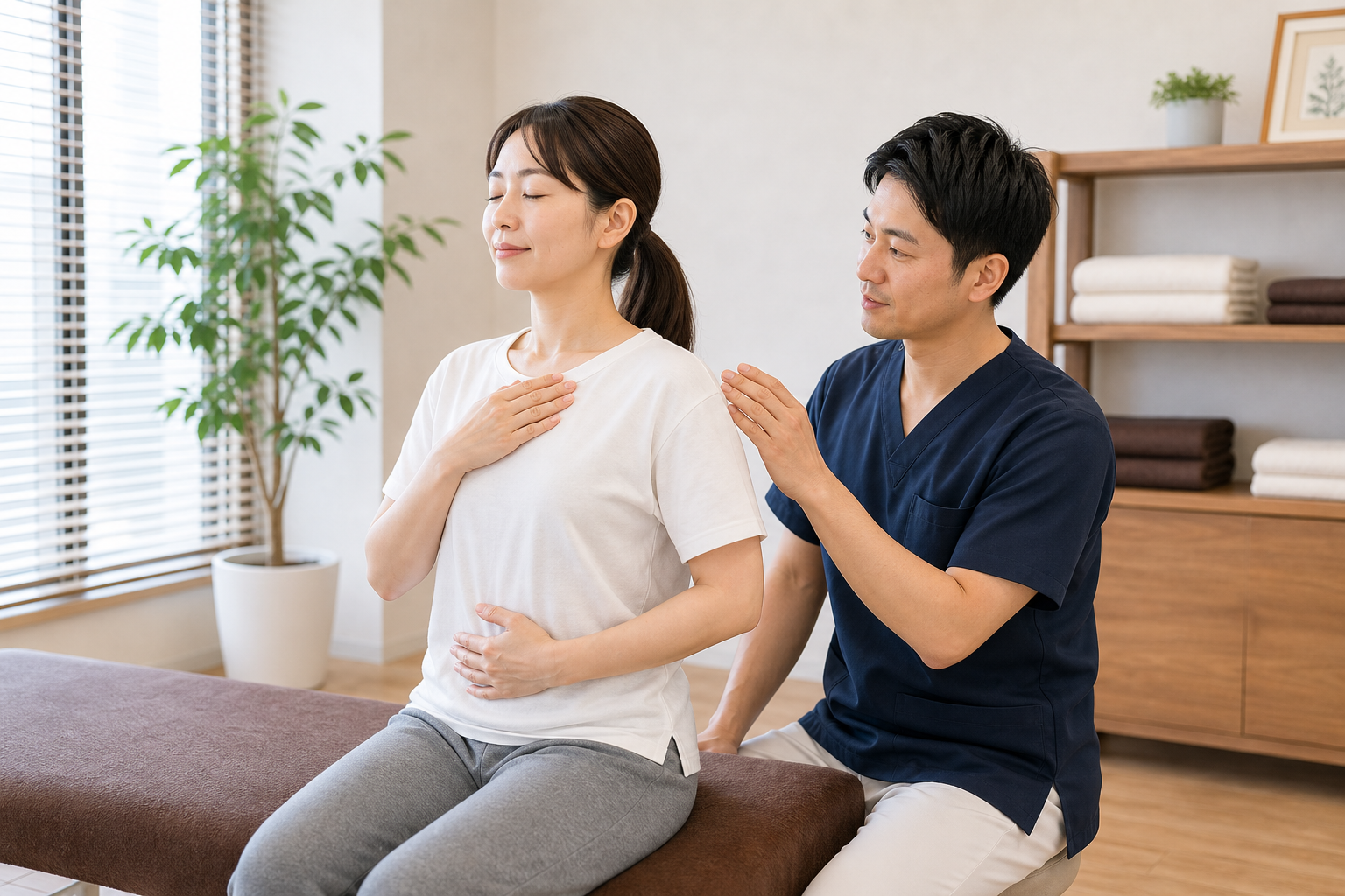 呼吸と自律神経の整え方を整体師が指導するイメージ