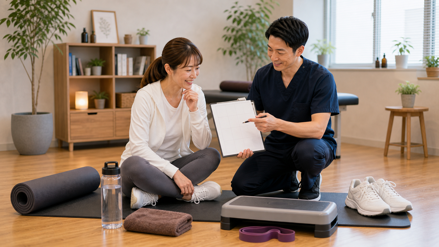 室内有酸素運動の習慣化プランを整体師と確認するイメージ