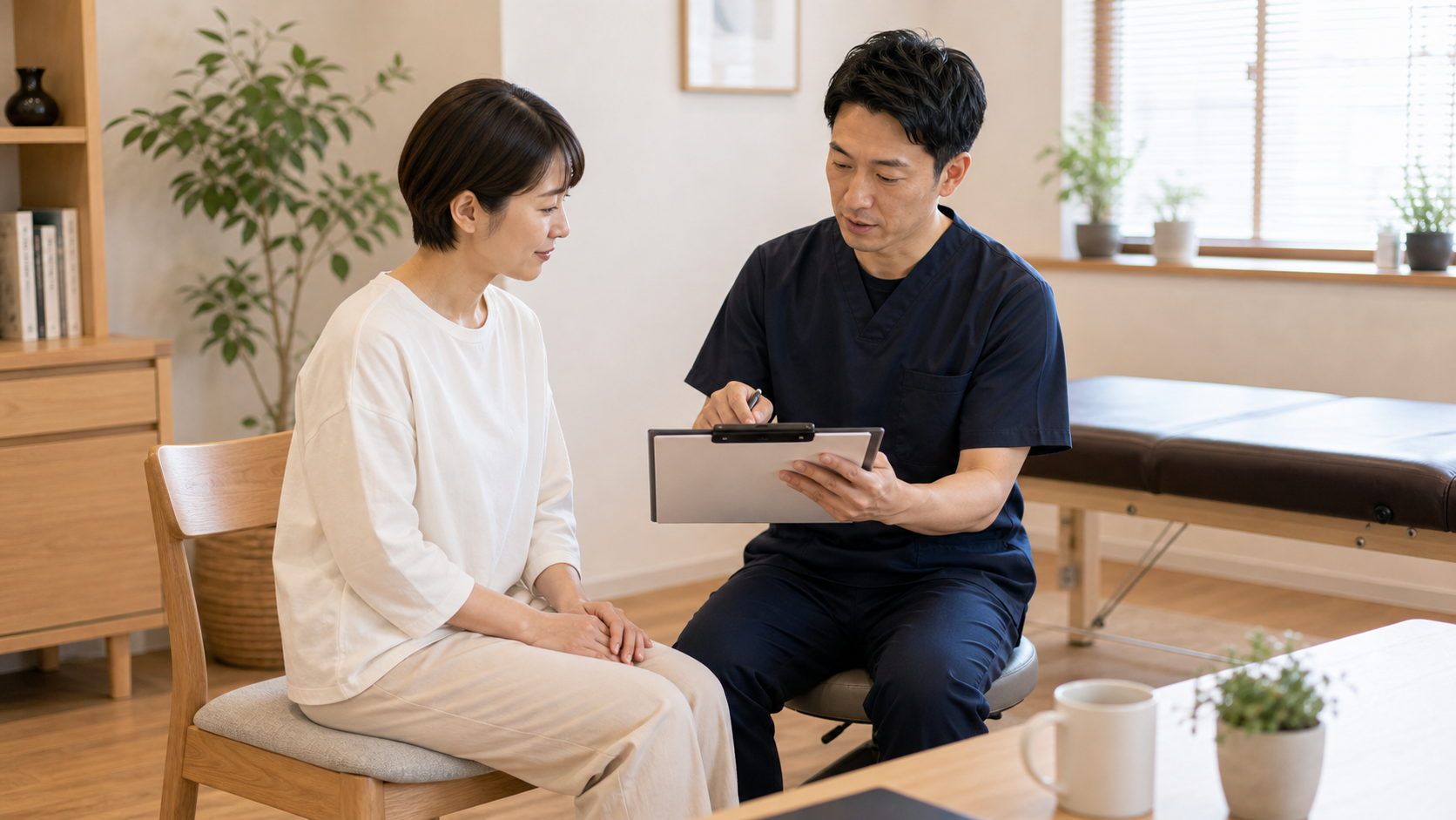 施術前に説明と同意を確認する整体師と日本人女性のイメージ