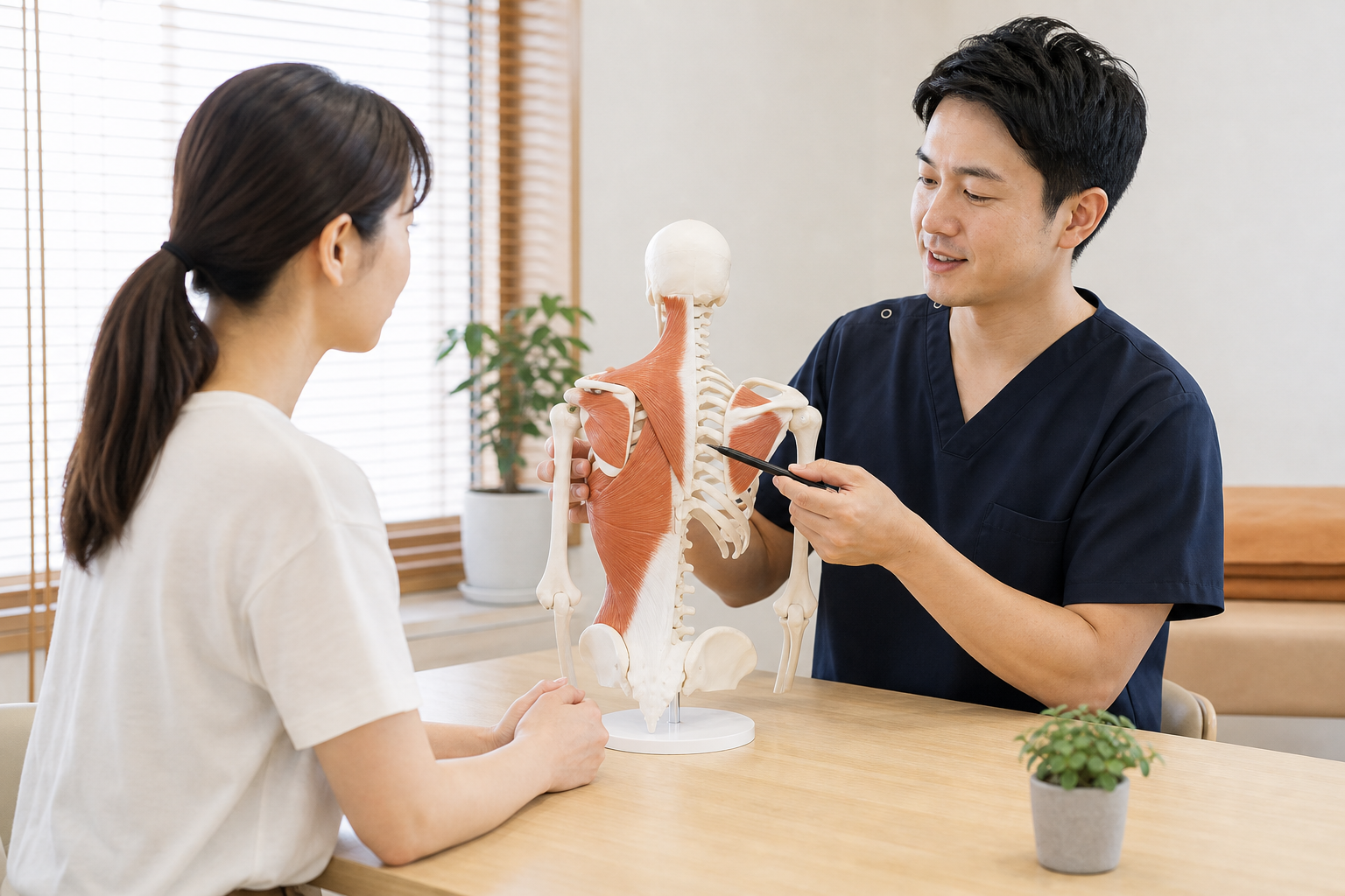 肩甲骨周辺の筋肉について模型を使って説明する整体師のイメージ