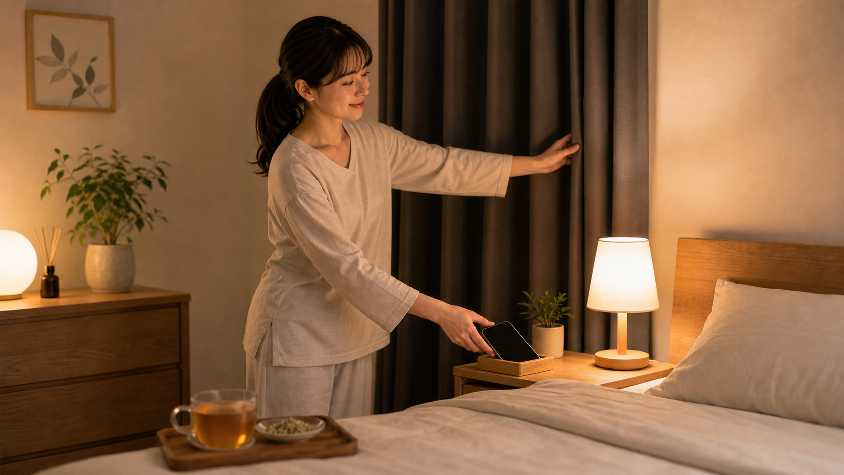 就寝前に寝室環境を整える日本人女性のイメージ