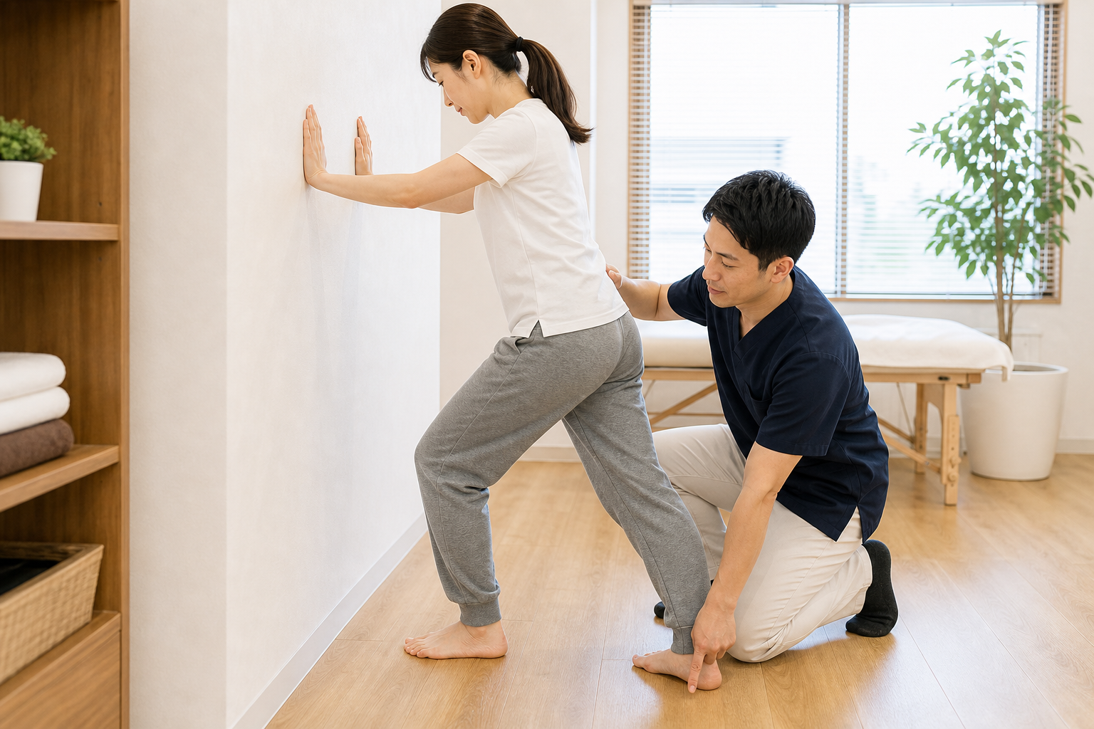 膝を軽く曲げたふくらはぎストレッチを整体師が指導するイメージ