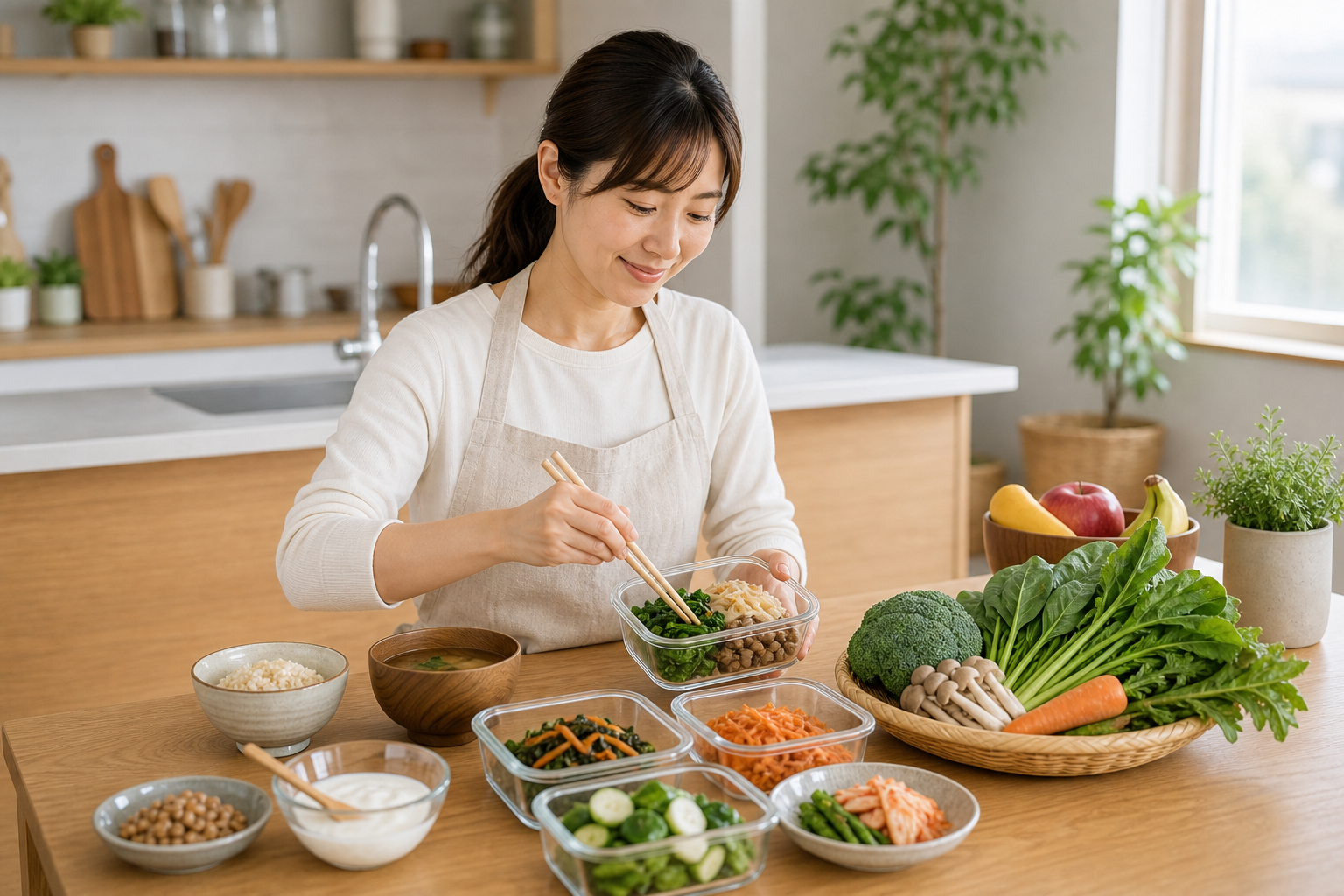 腸活を続けるために発酵食品と野菜を準備する日本人女性のイメージ
