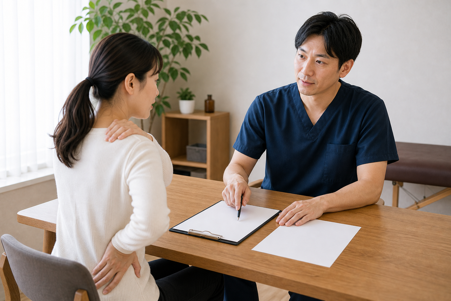 症状に合わせた整体院や整骨院の選び方を相談する日本人女性のイメージ