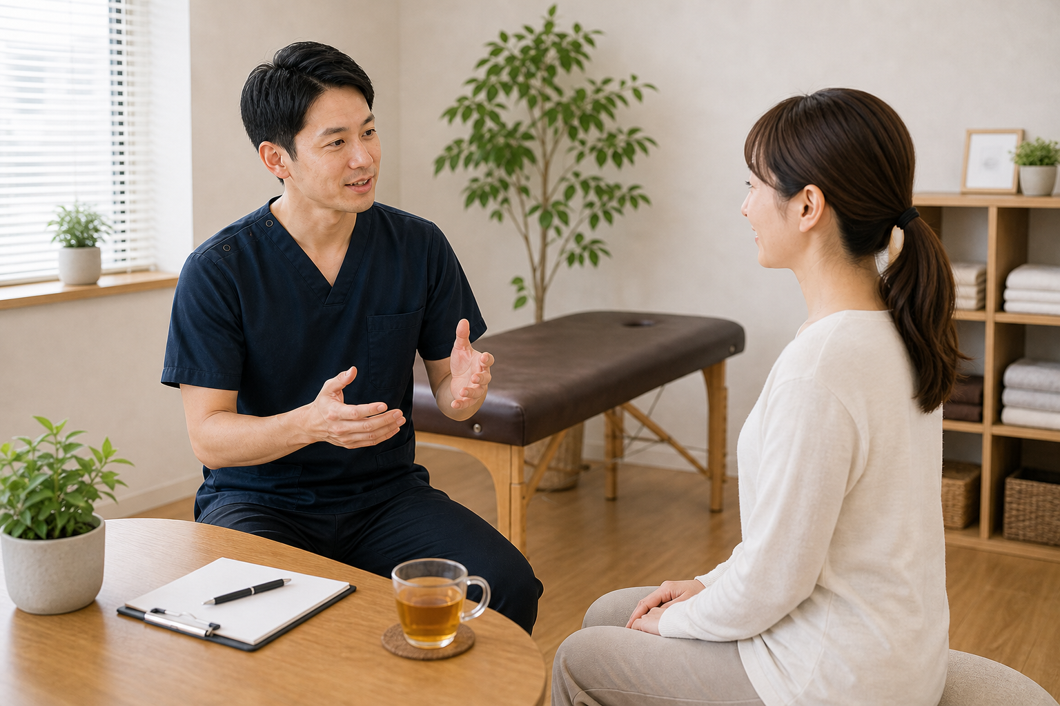 整体の施術体験について説明を受ける日本人女性のイメージ