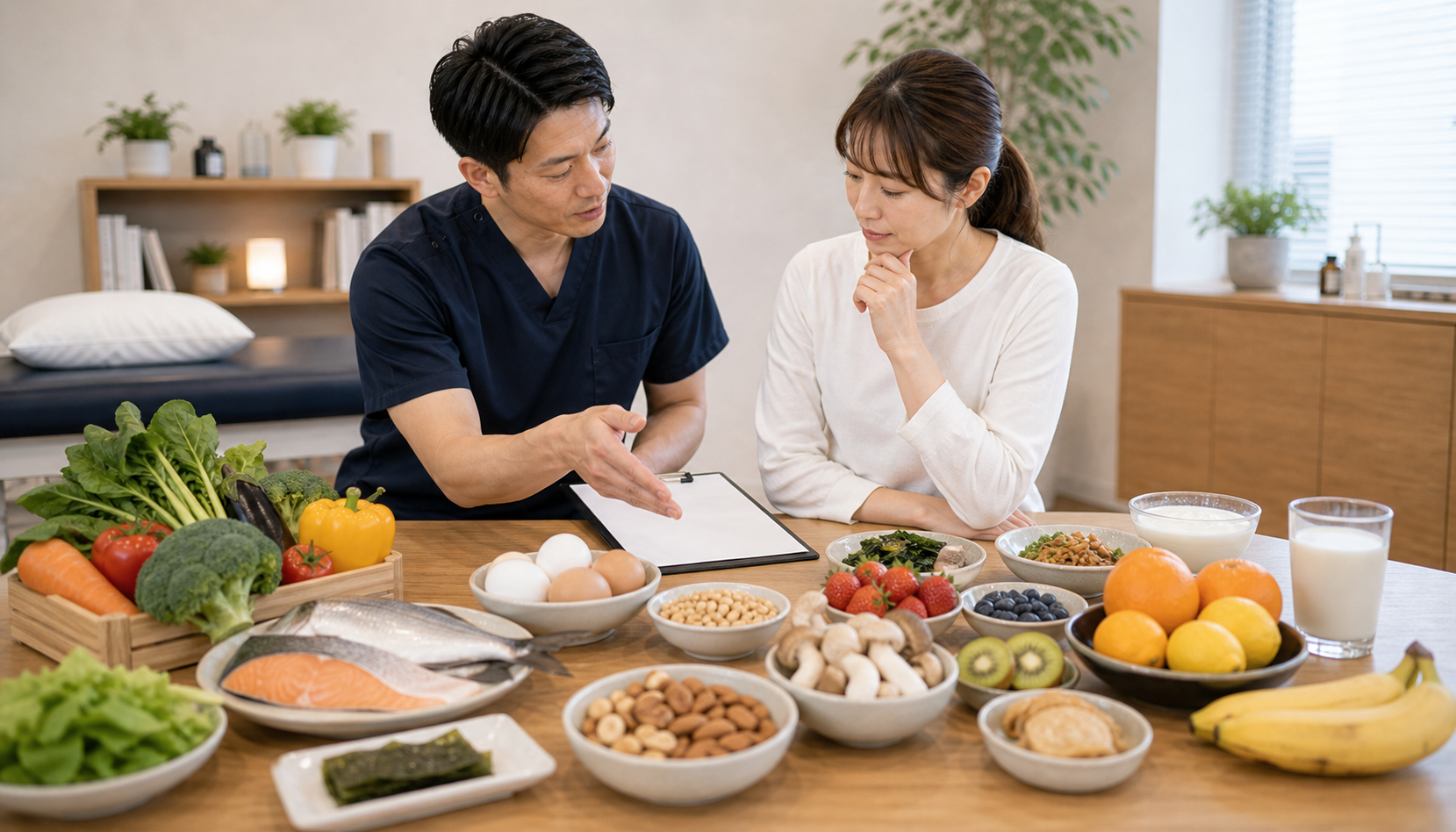 ビタミン豊富な食材を使った食事計画を相談するイメージ