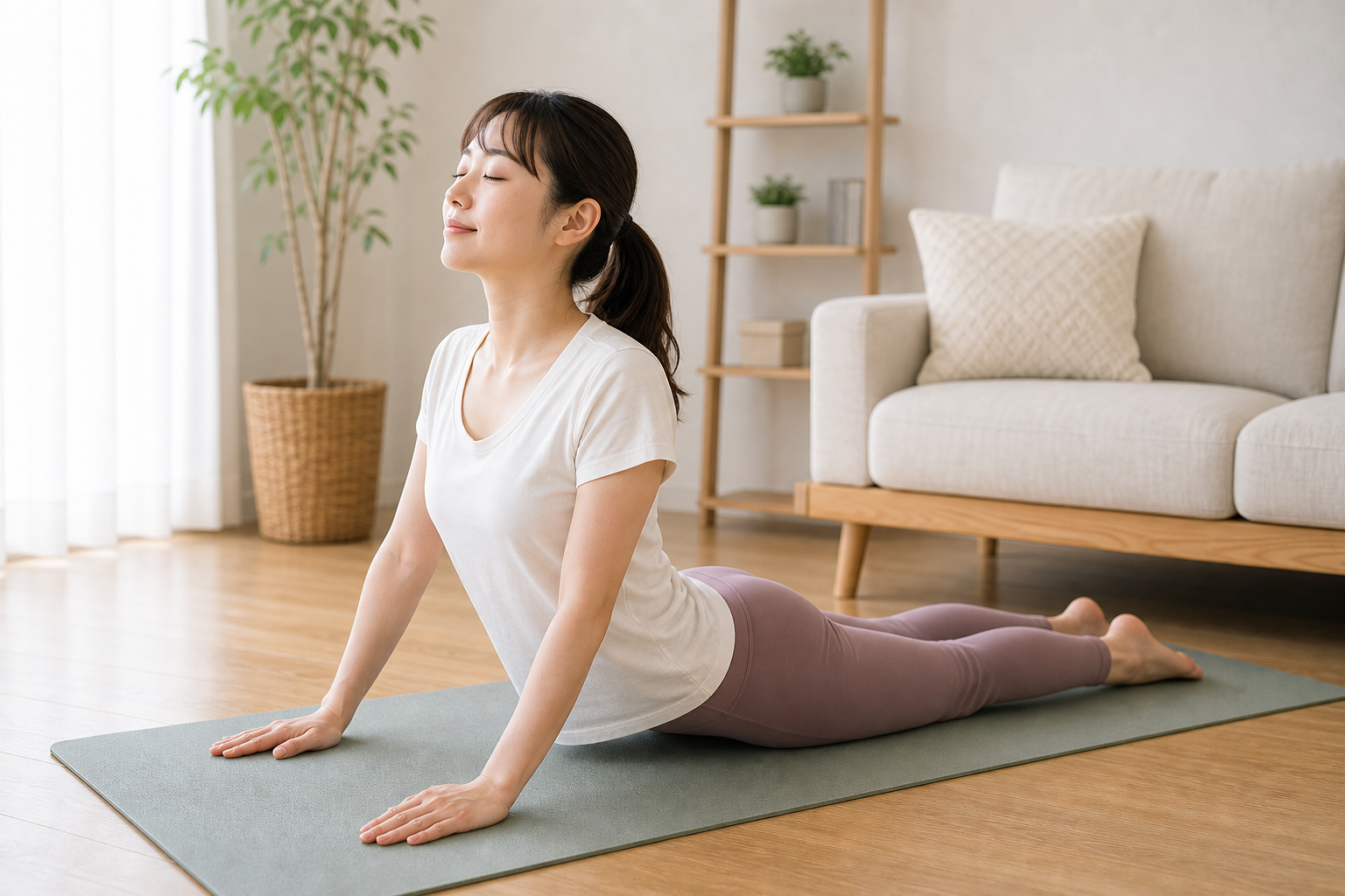 ヨガマットでコブラのポーズを行い胸を開く日本人女性のイメージ