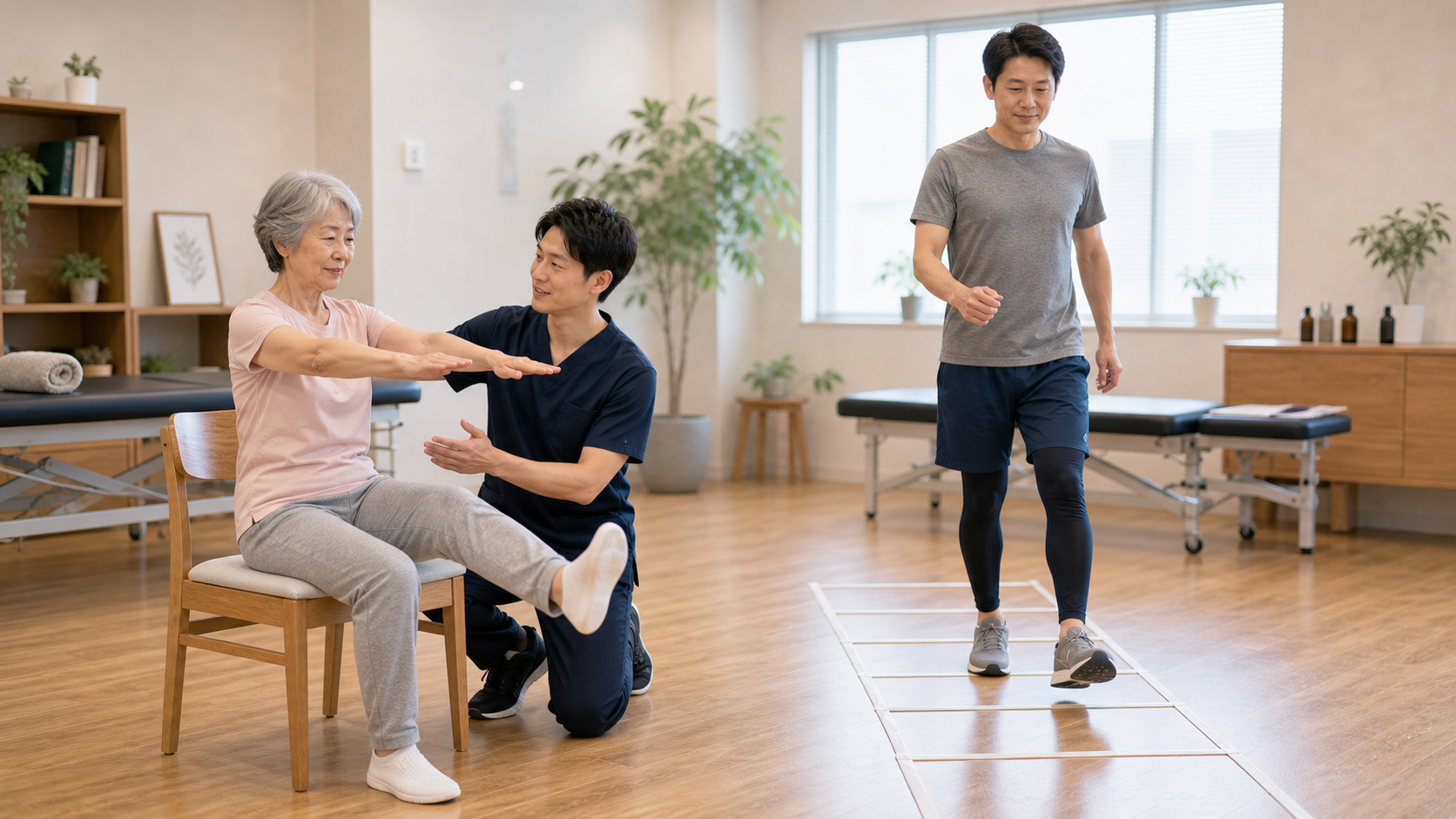 年代に合わせた安全な運動を整体師がサポートするイメージ