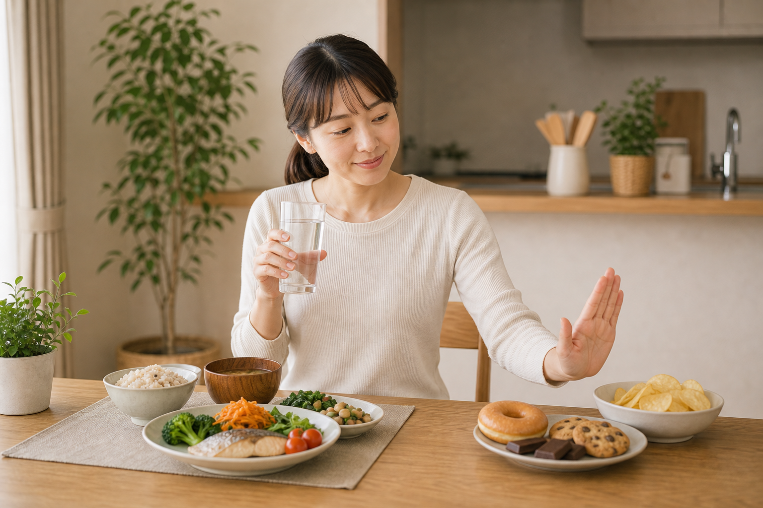 腸活中に間食を控えて水と食事を選ぶ日本人女性のイメージ