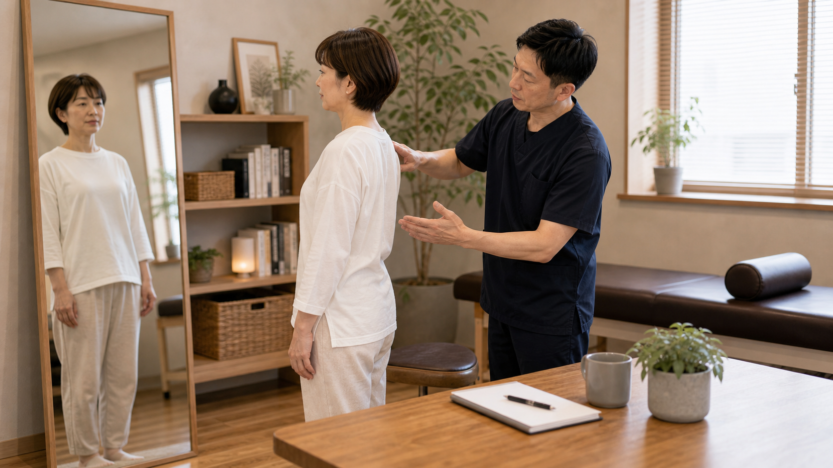 悪い姿勢タイプを鏡の前で整体師が確認するイメージ