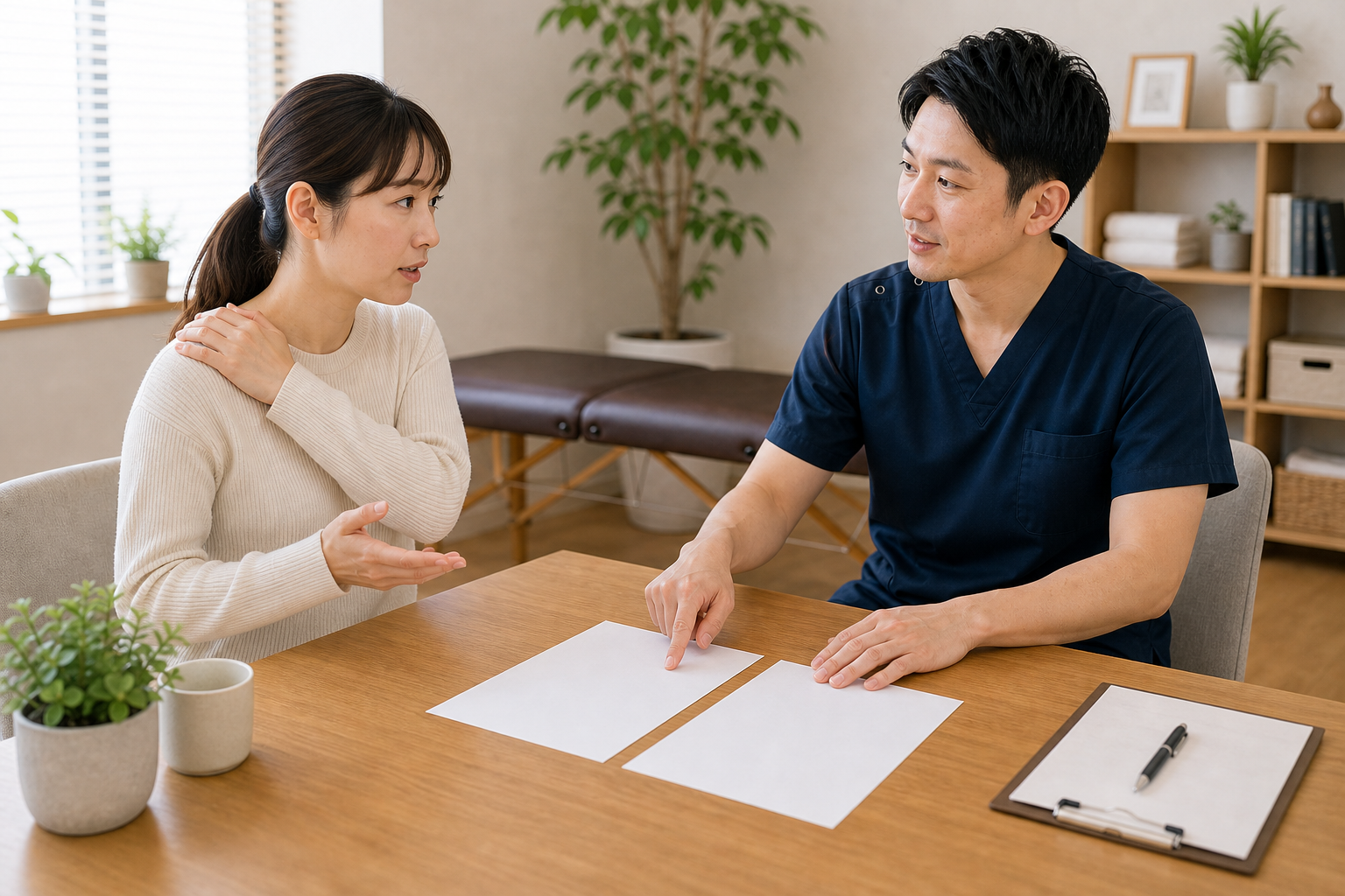 症状に合わせてマッサージと整体の選び方を相談する日本人女性のイメージ