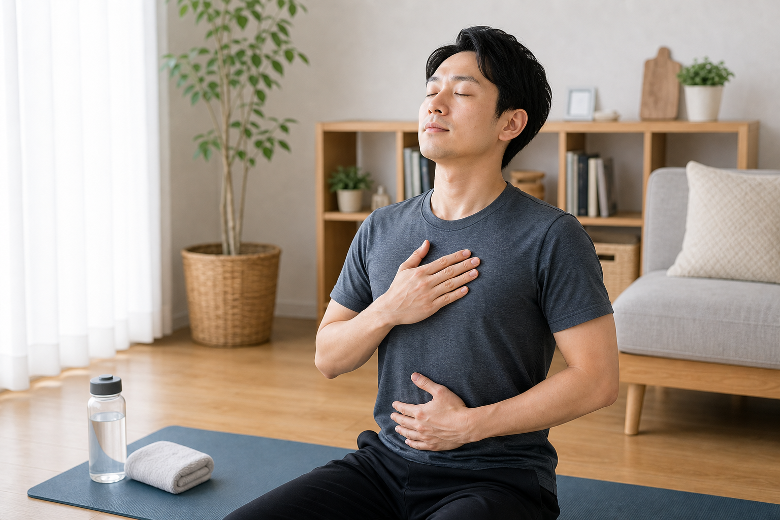 胸とお腹に手を当てて深呼吸しながら姿勢を整える日本人男性のイメージ