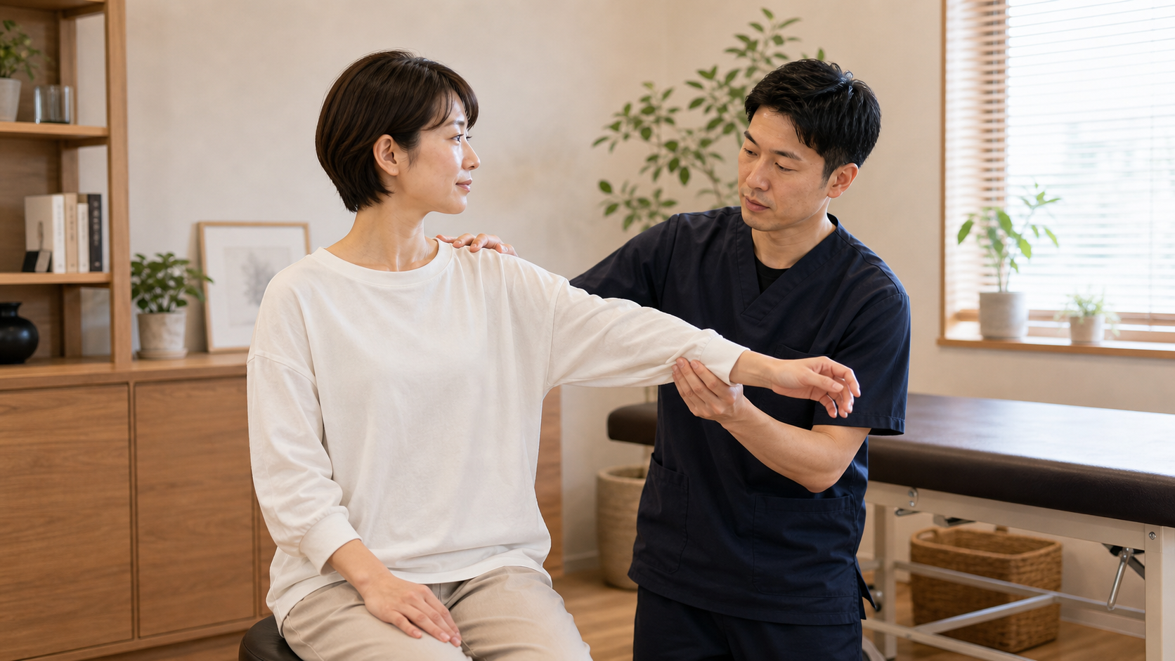 バキバキしないやさしい整体方針で肩の動きを確認するイメージ