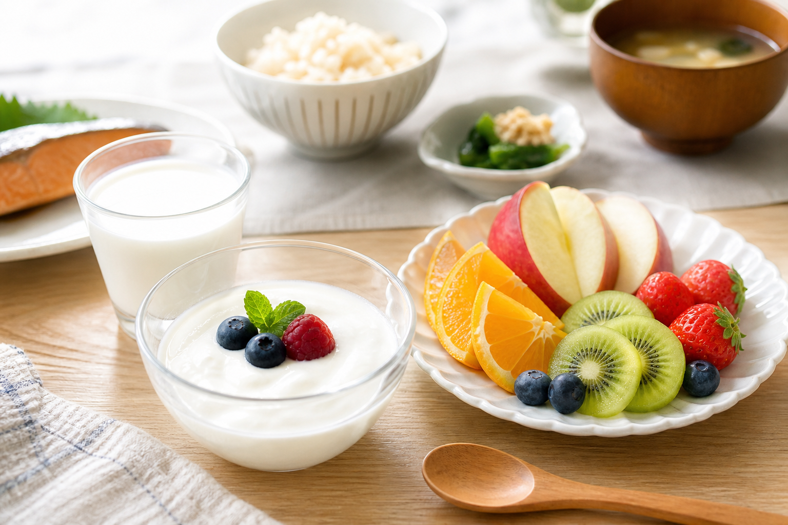 ヨーグルトや牛乳や果物を加えた朝食バランスのイメージ