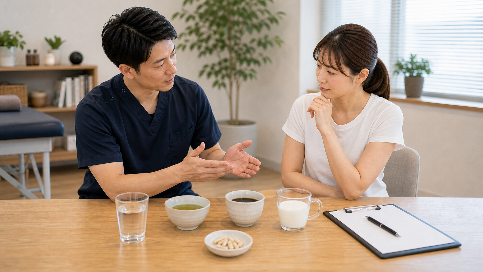 ビタミンBと水やお茶など飲み物の相性を相談するイメージ