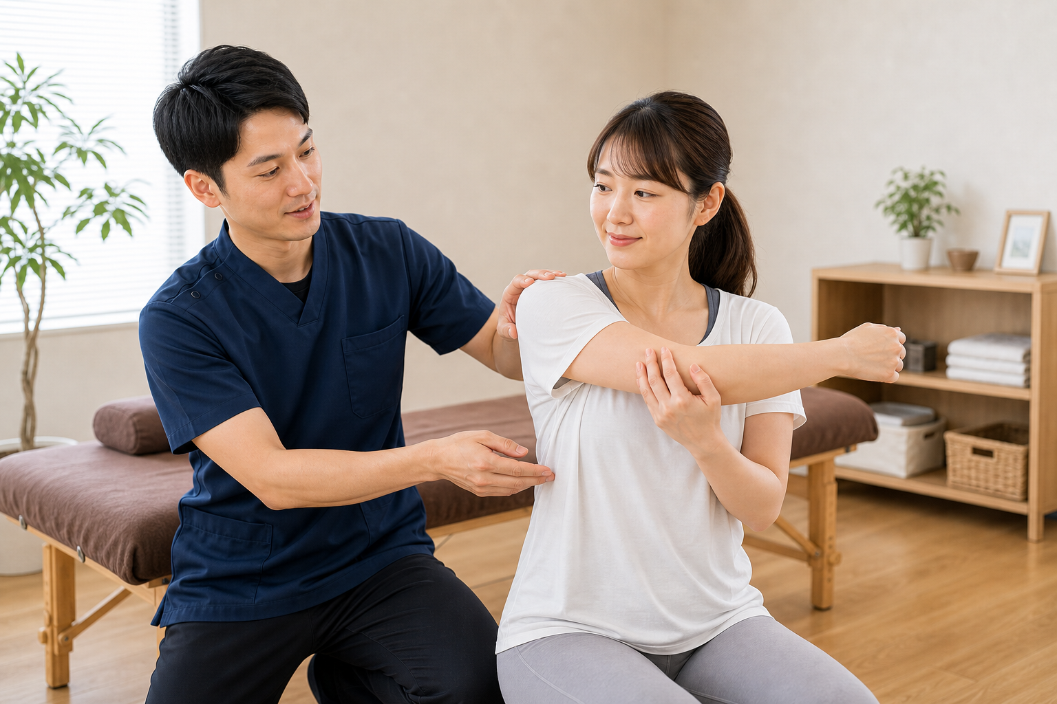 整体院で肩周りのストレッチを指導する施術者のイメージ