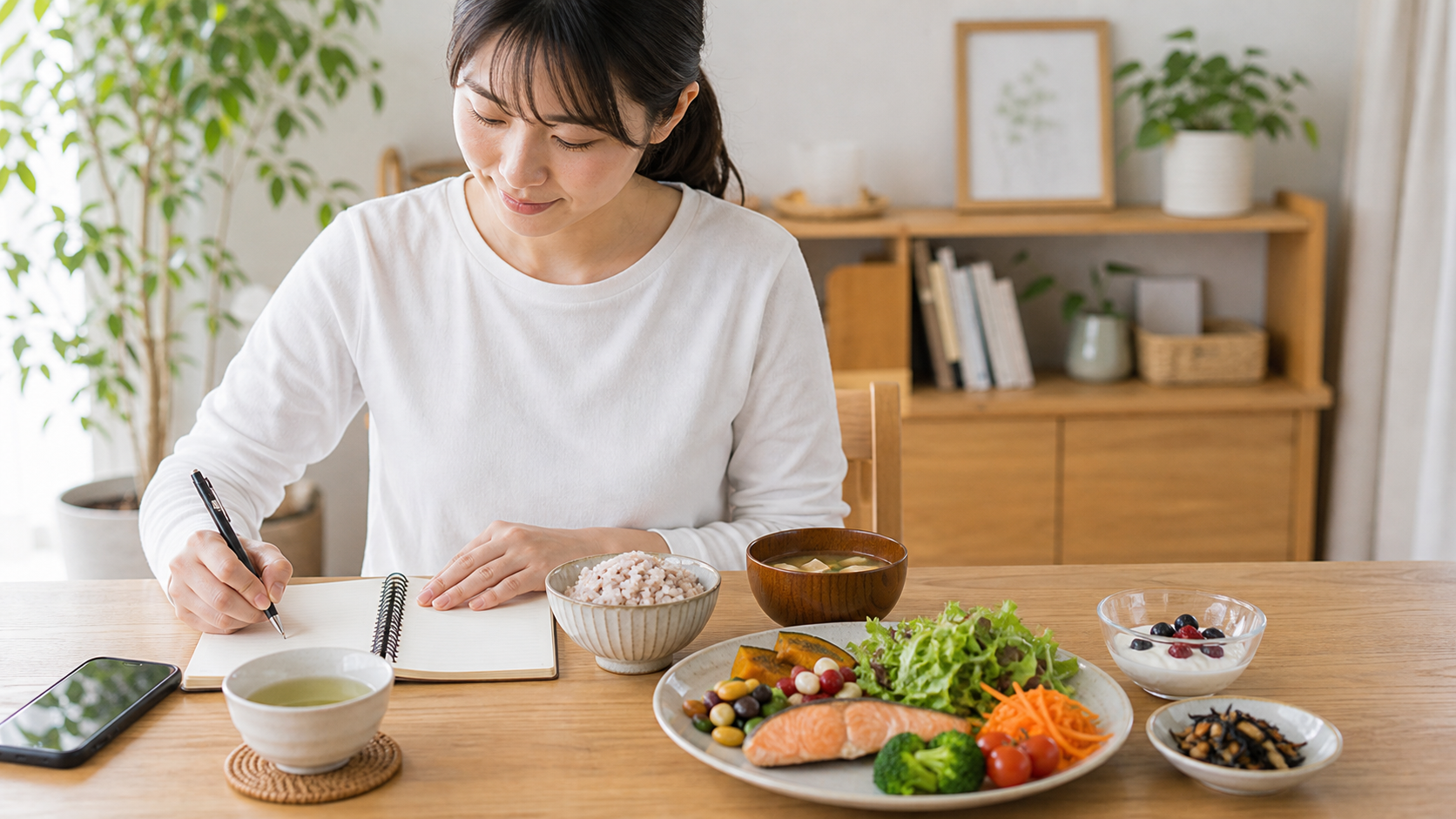 バランスのよい食事のそばで食事記録をつける日本人女性のイメージ