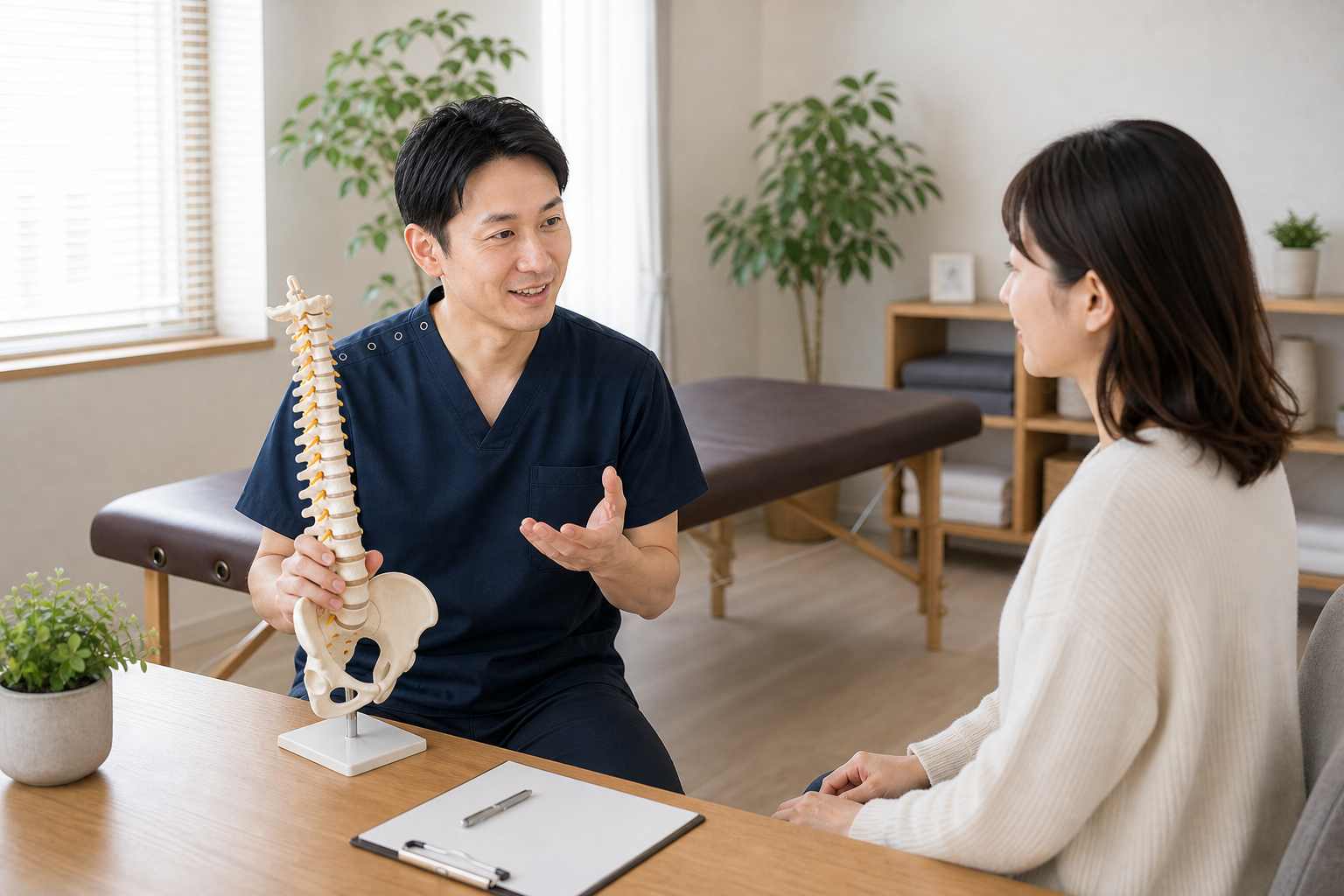 整体院で睡眠と姿勢の関係について相談する日本人女性のイメージ