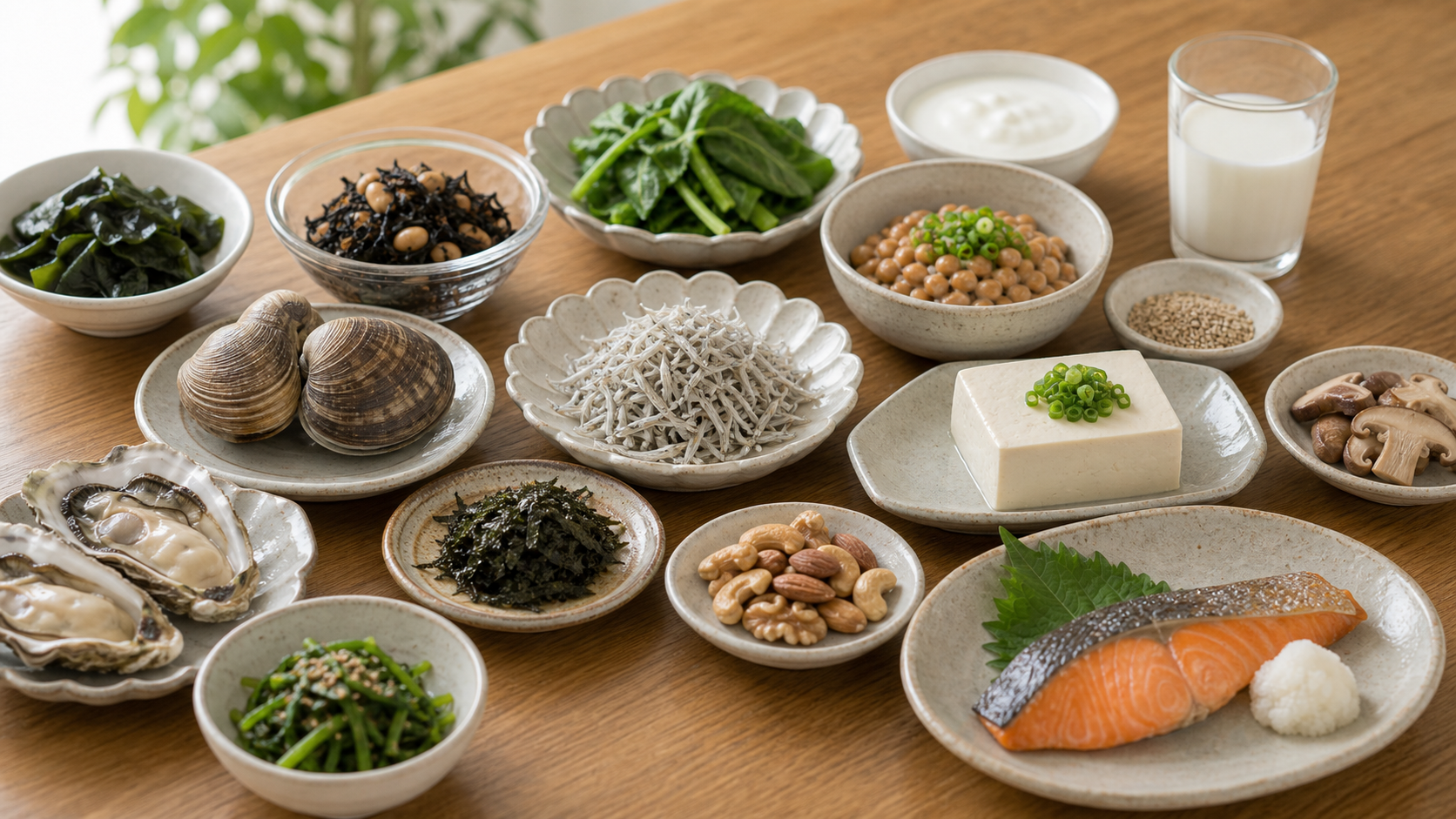 海藻、小魚、貝類、豆腐、乳製品などミネラルを含む食品のイメージ