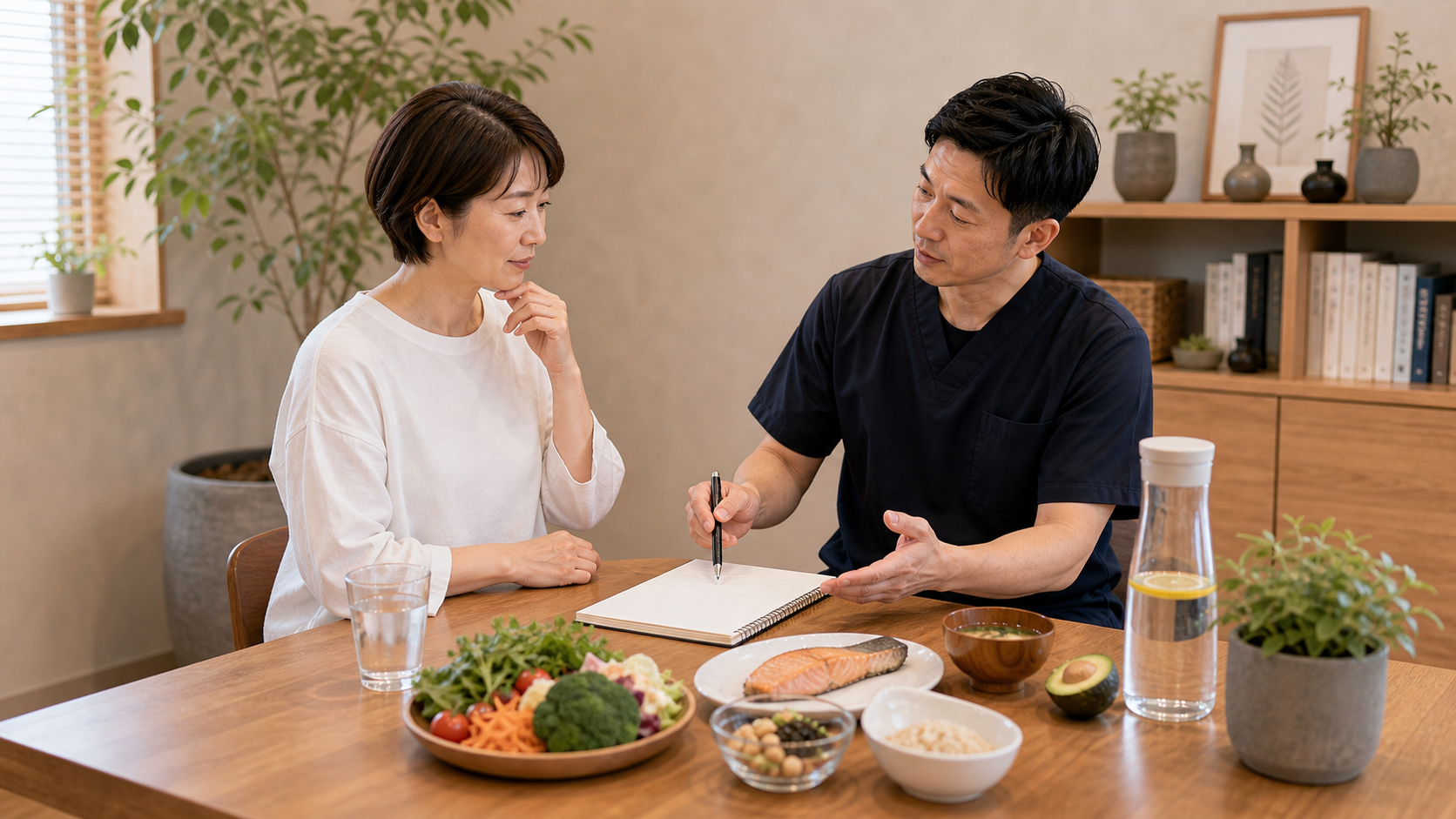 脚やせを助ける栄養と水分補給について整体師と相談するイメージ