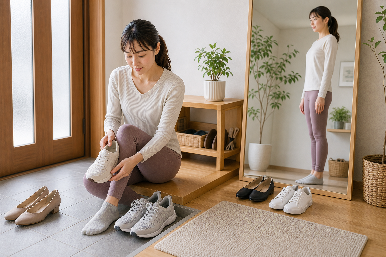 靴選びと立ち姿勢を確認してO脚予防を意識する日本人女性のイメージ