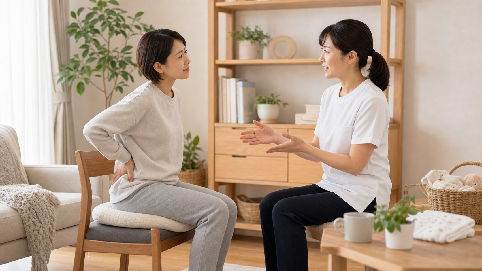 産後の尾骨痛について女性スタッフに相談する日本人女性のイメージ