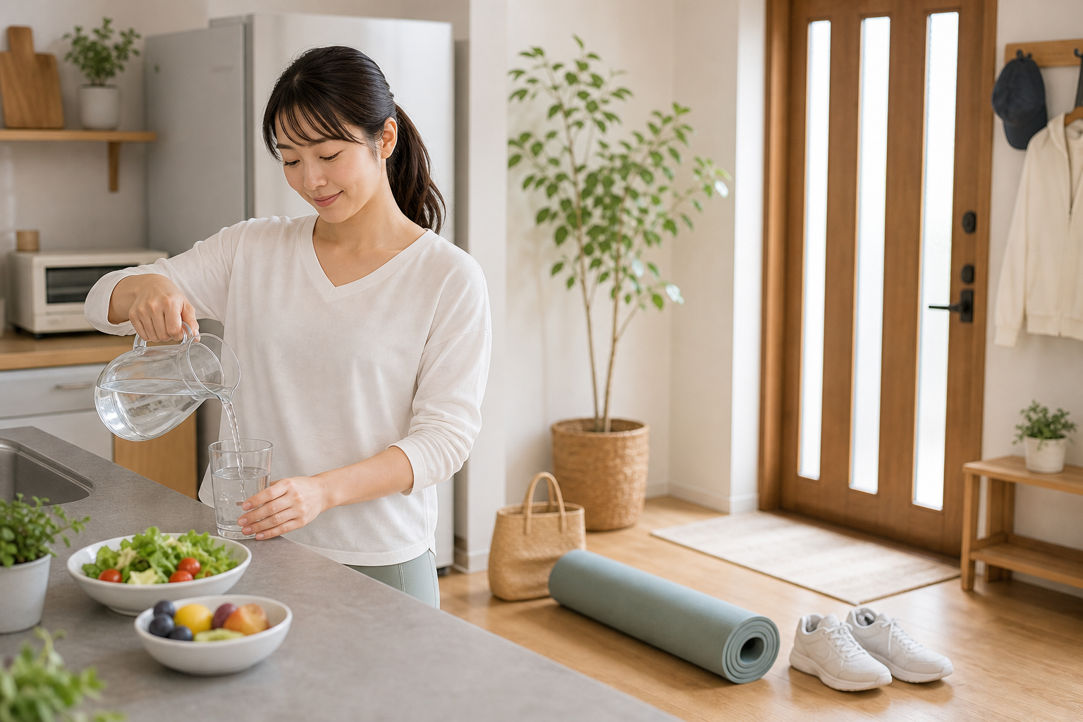 水分補給と軽い運動でむくみを予防する生活習慣のイメージ