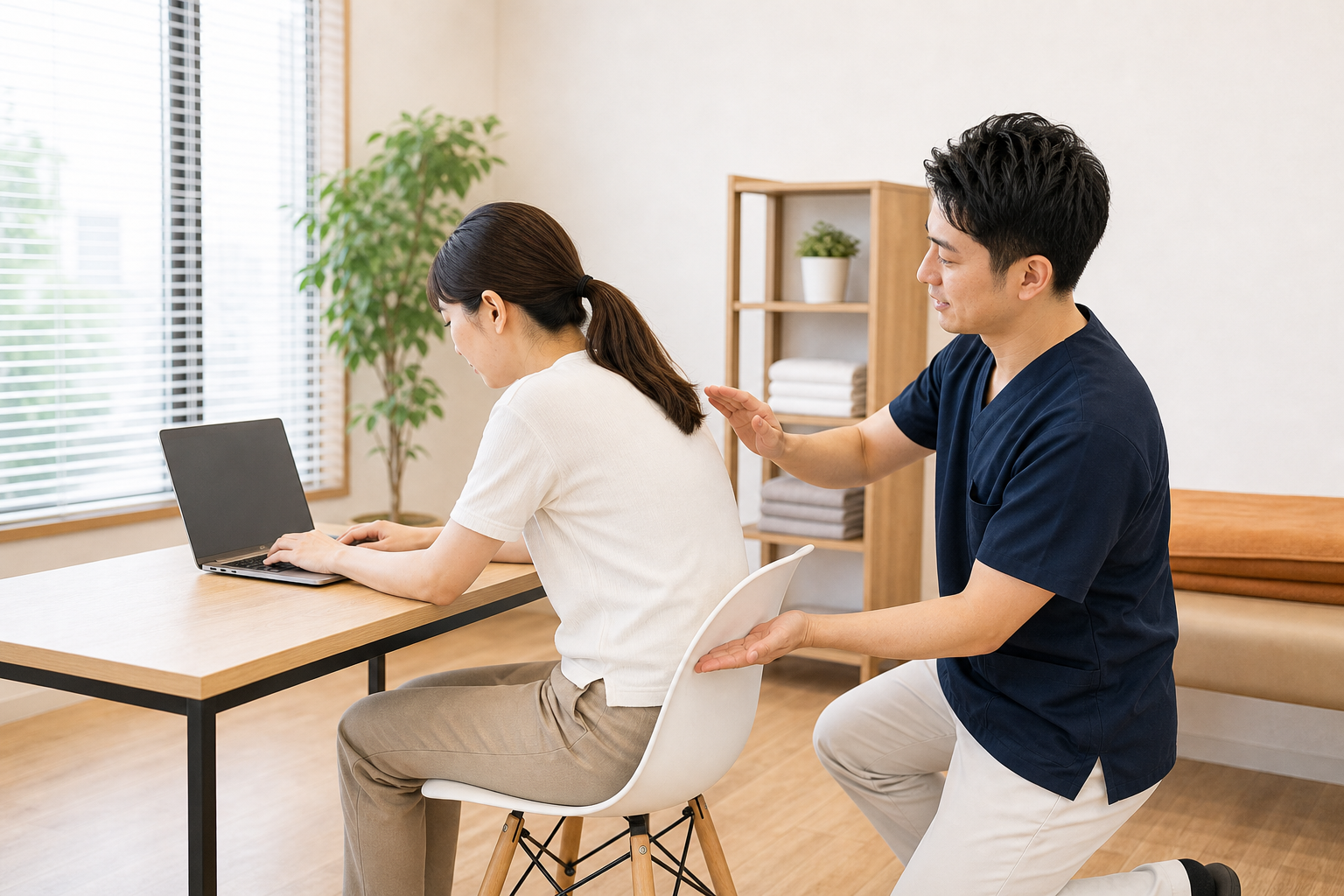 前かがみ姿勢による肋骨の動きにくさを整体師が説明するイメージ