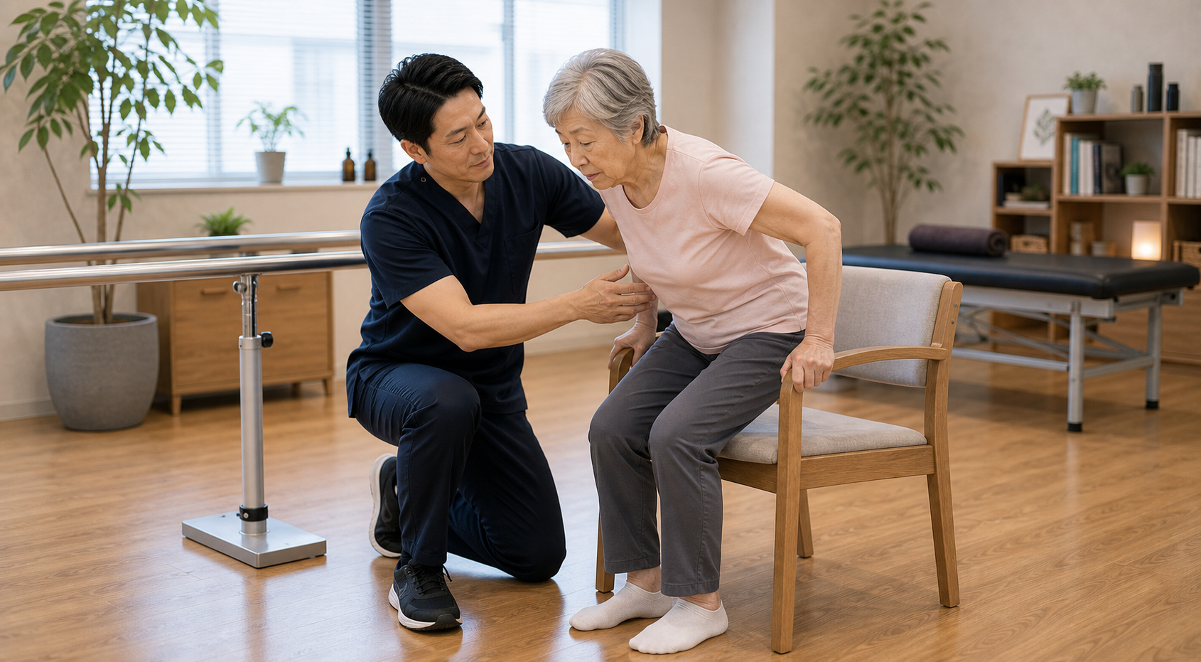 筋力低下による立ち上がりの不安を整体師が支えるイメージ