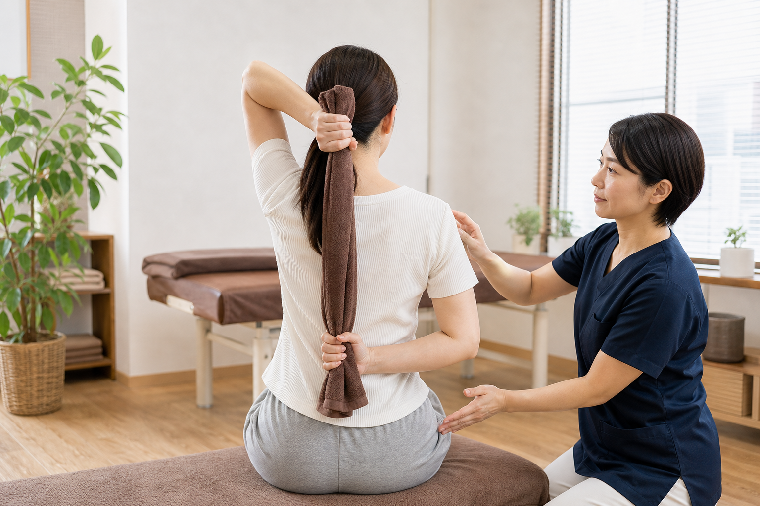 タオルを使った肩甲骨ストレッチを整体師が指導するイメージ