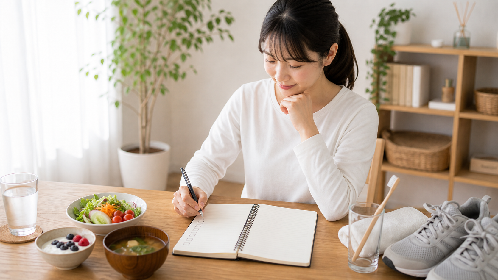 食事や運動のそばで生活習慣をノートに振り返る日本人女性のイメージ