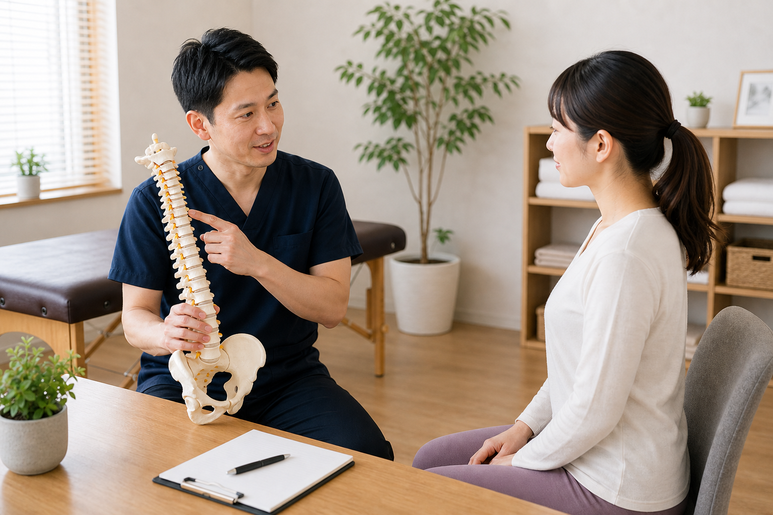 整体院で首と肩と背中の姿勢について相談する日本人女性のイメージ