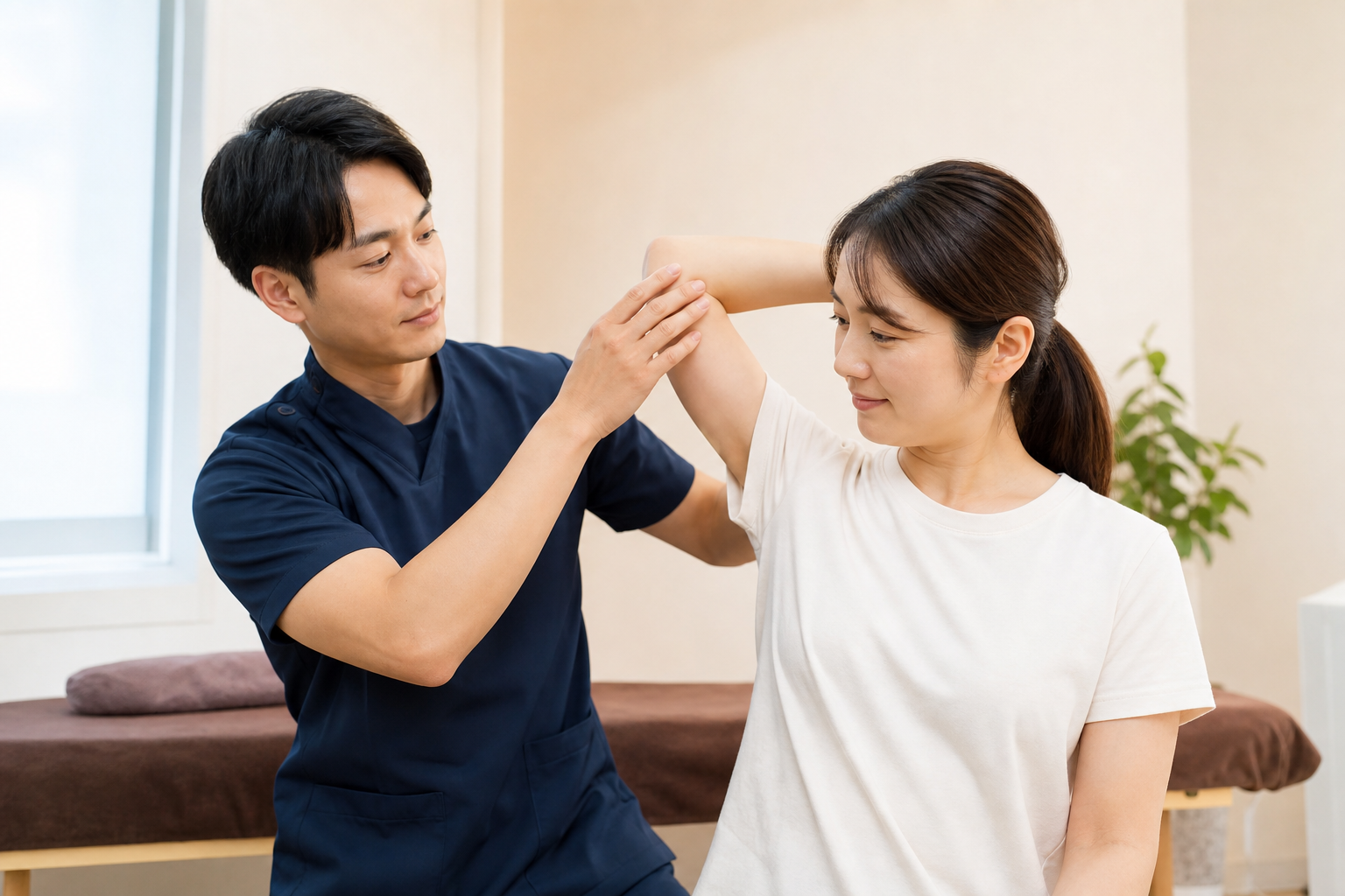 整体院で肩の動きを確認する施術者と日本人女性のイメージ