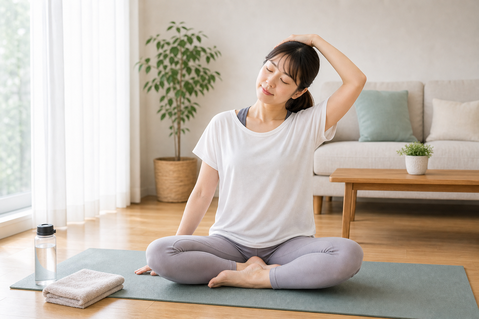 呼吸を意識しながら首周りを伸ばす日本人女性のイメージ
