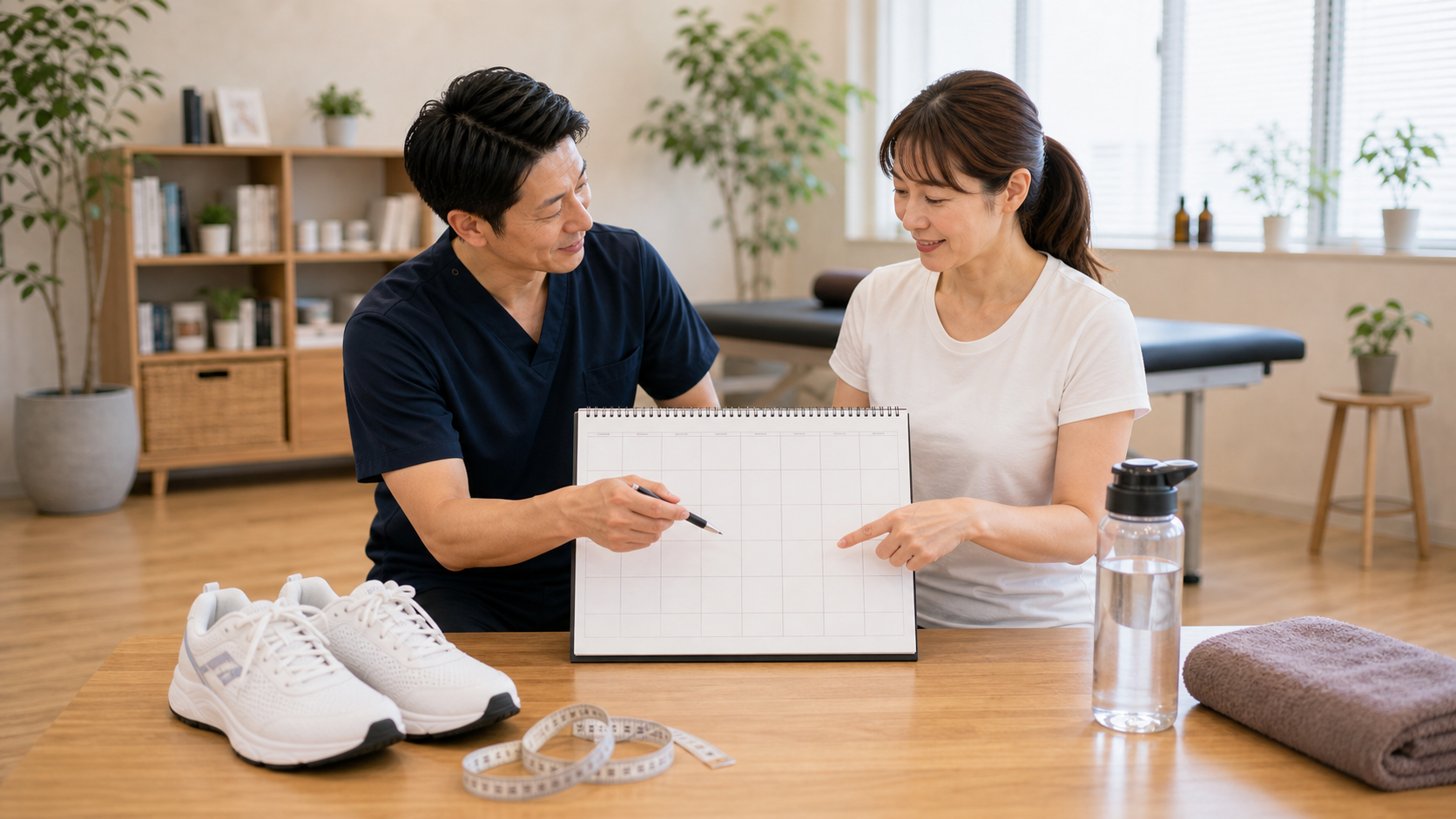3ヶ月のダイエット変化を整体師と確認するイメージ