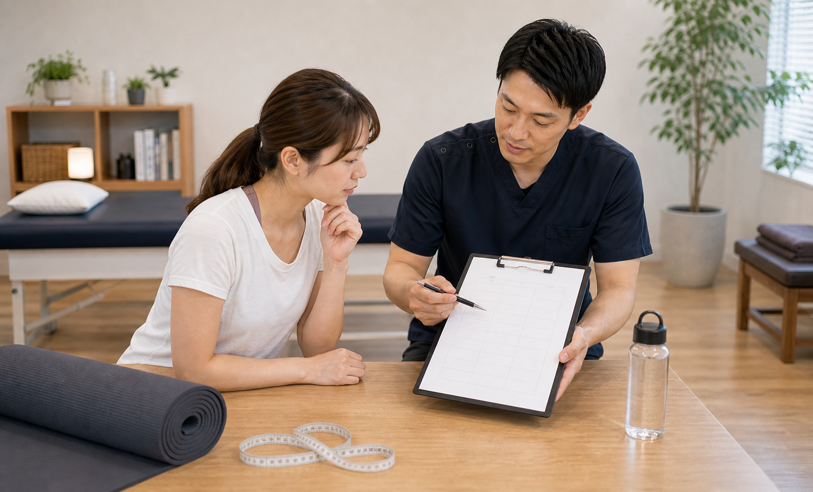 太もも痩せの3ヶ月計画を整体師と相談するイメージ