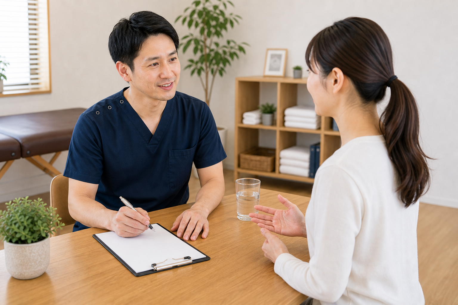 初回カウンセリングで丁寧に話を聞く整体院スタッフのイメージ