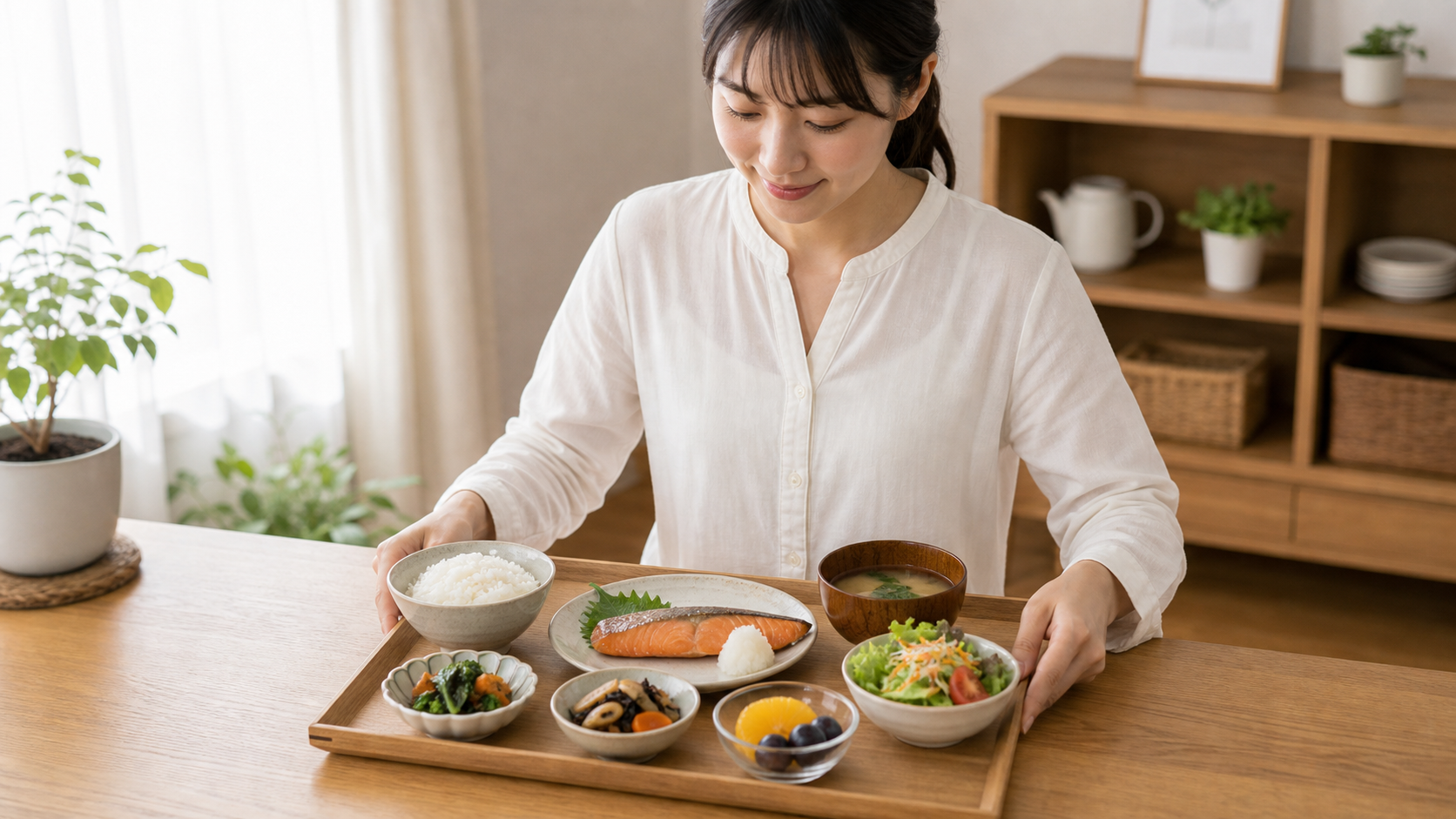 主食、主菜、副菜をそろえた食事を準備する日本人女性のイメージ