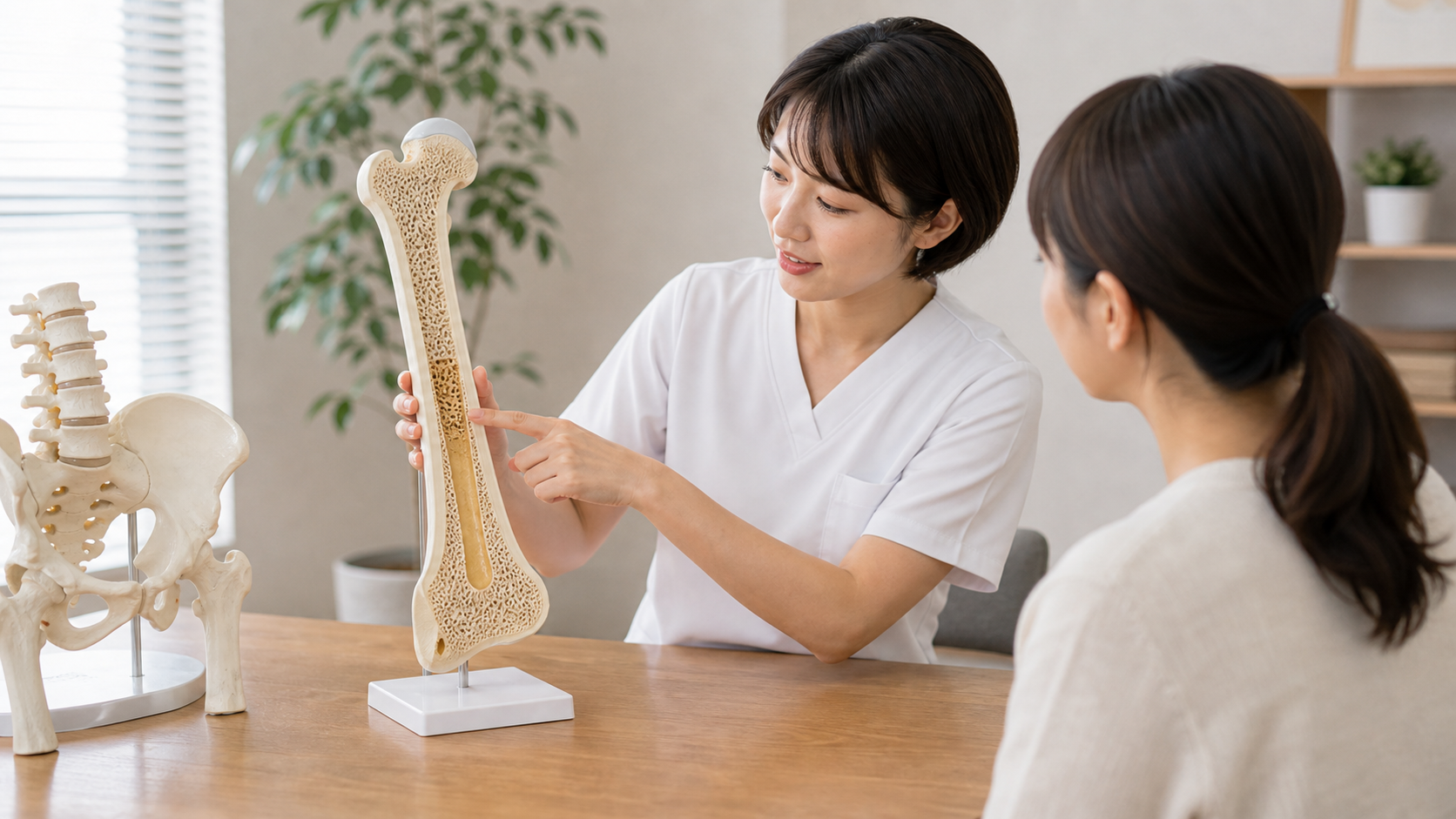 骨の断面模型を使って緻密質と海綿質を説明する日本人施術者のイメージ