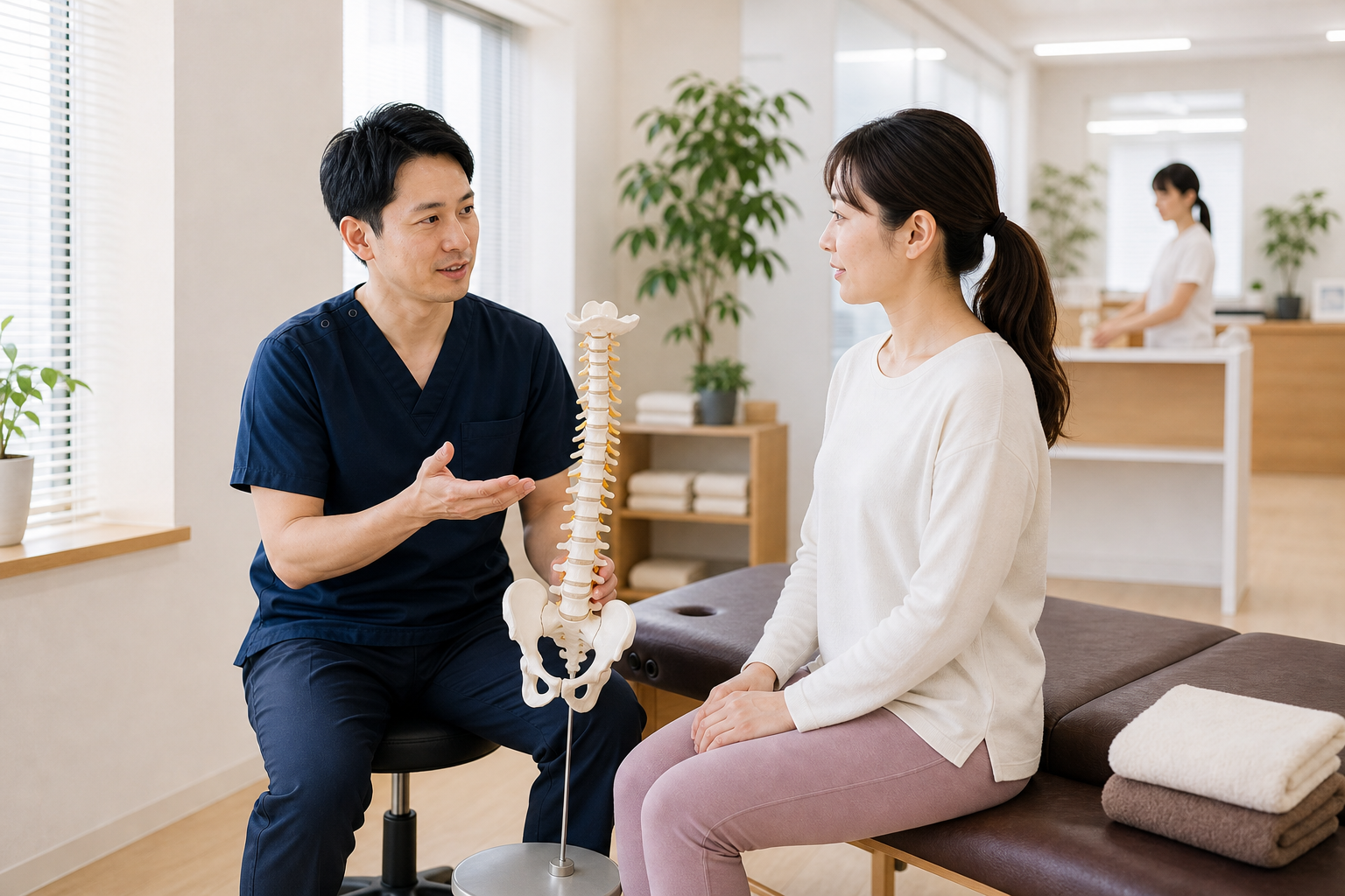 整体院で姿勢と施術方針について説明を受ける日本人女性のイメージ