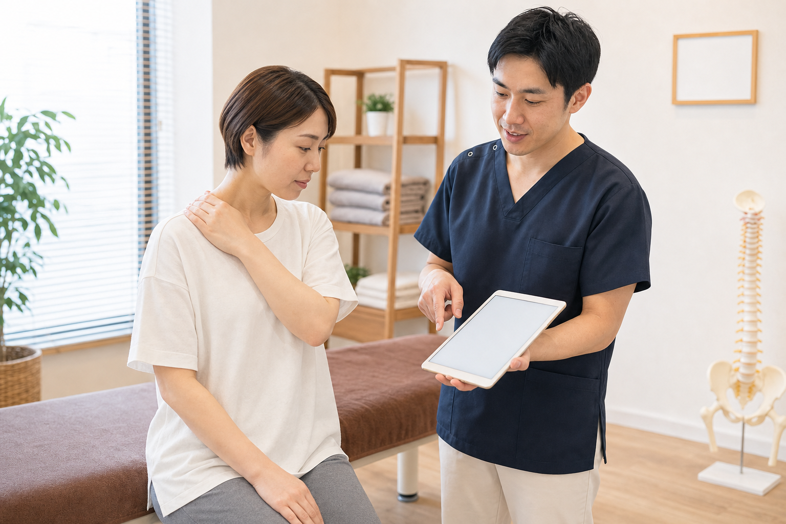 肩甲骨と整体の施術方針を整体師が説明するイメージ