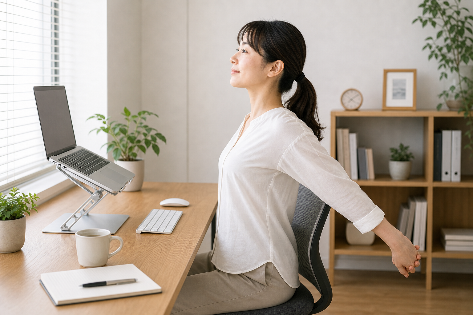 デスクで胸を開いた姿勢を意識する日本人女性のイメージ