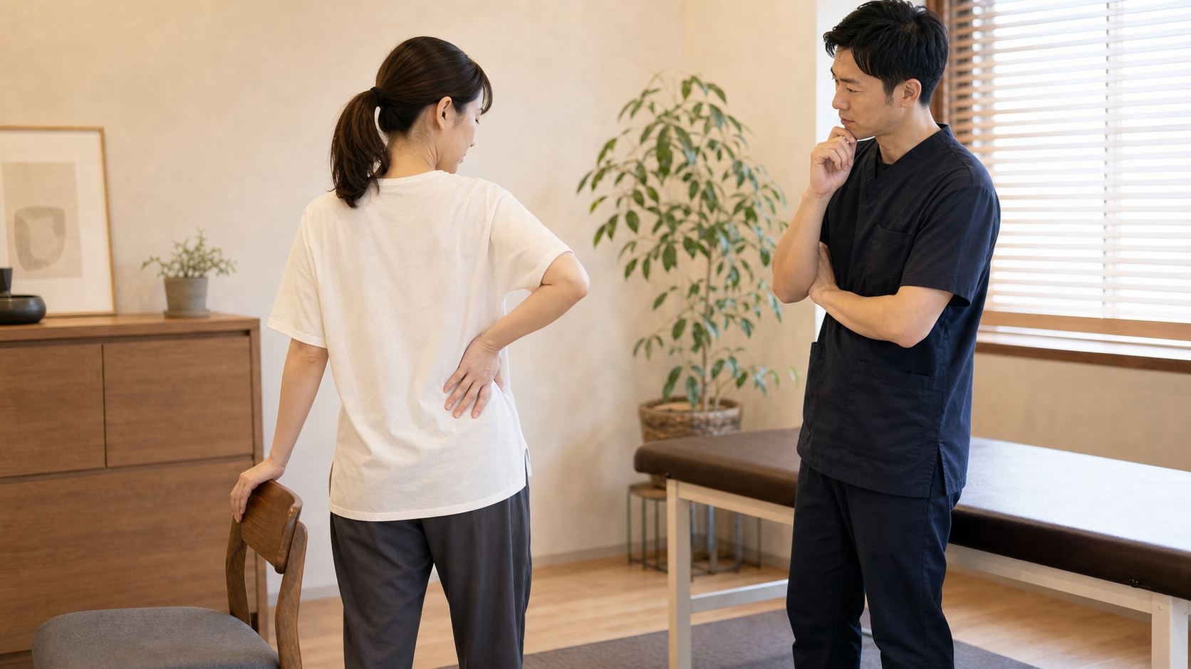 腰や股関節の動きを確認し尾てい骨痛との違いを見極めるイメージ